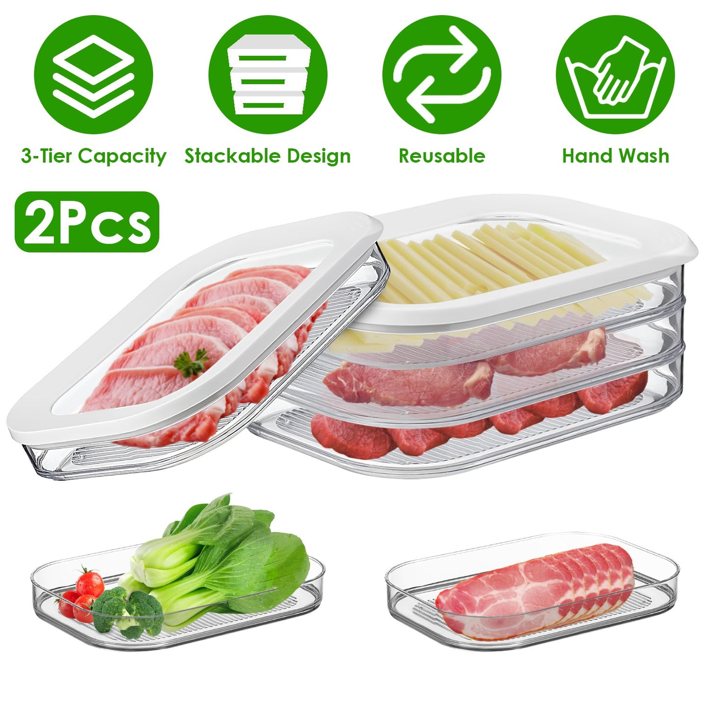 Stackable Deli Meat Container with Lid - 2 Pack 3-Tier
