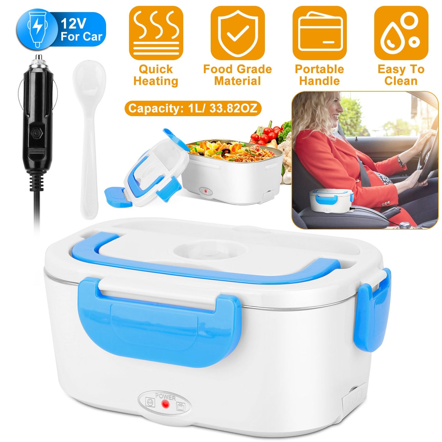 Electric Heated Lunch Box with Dual Compartments & Car Adapter