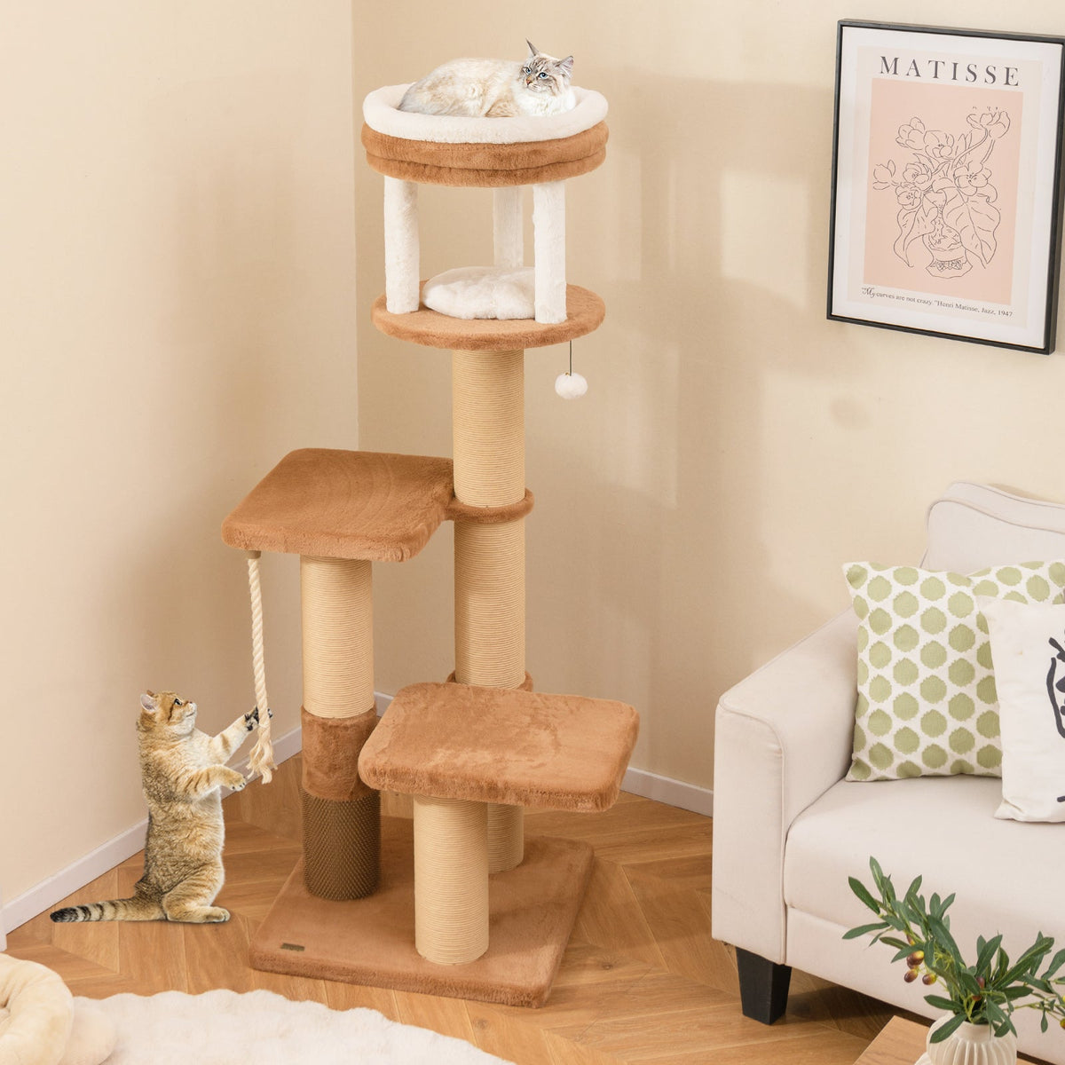 65 Inches Tall Cat Tree with Self-groomer and Removable Cat Bed-Coffee