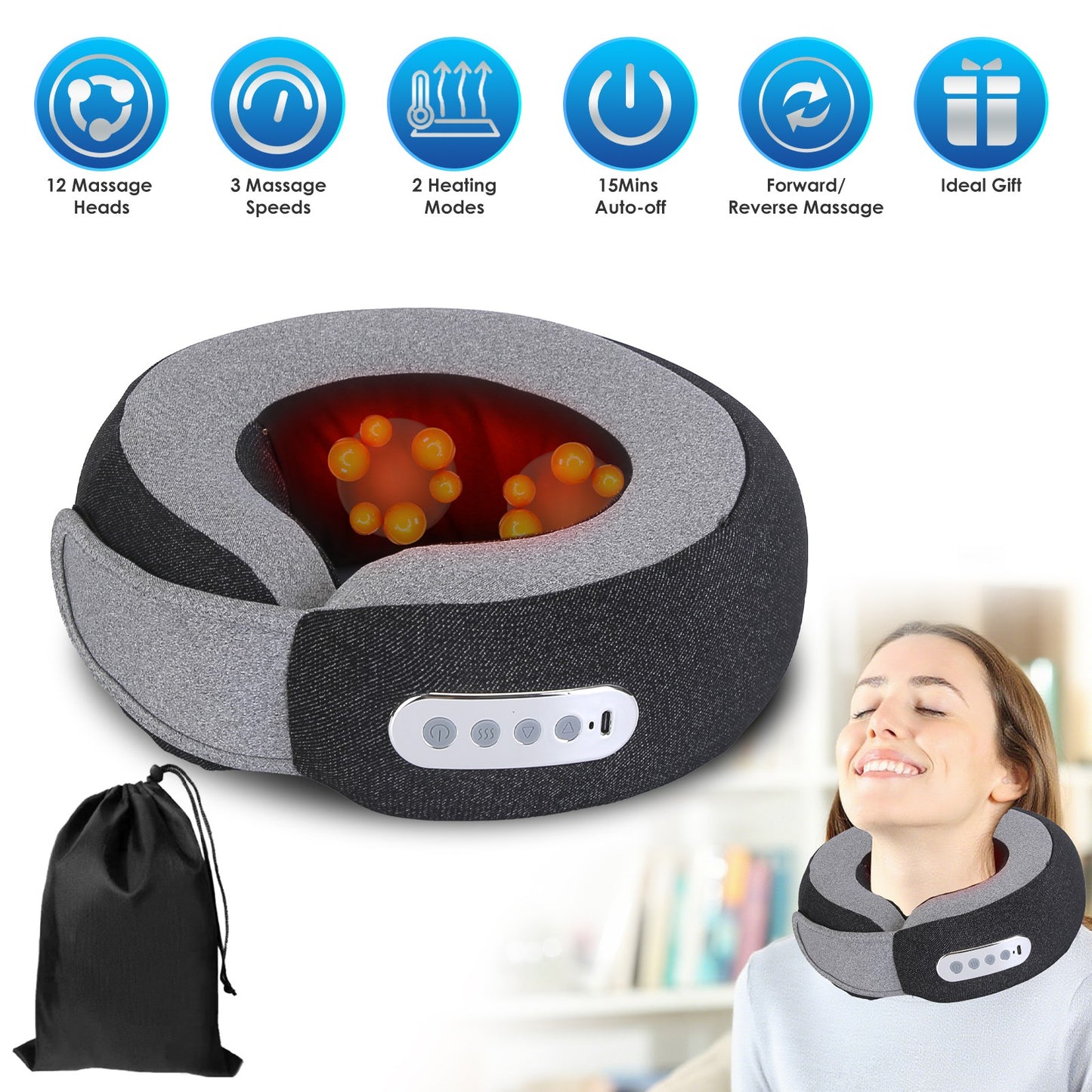 Neck Massager Pillow with Heat & Memory Foam Travel Support