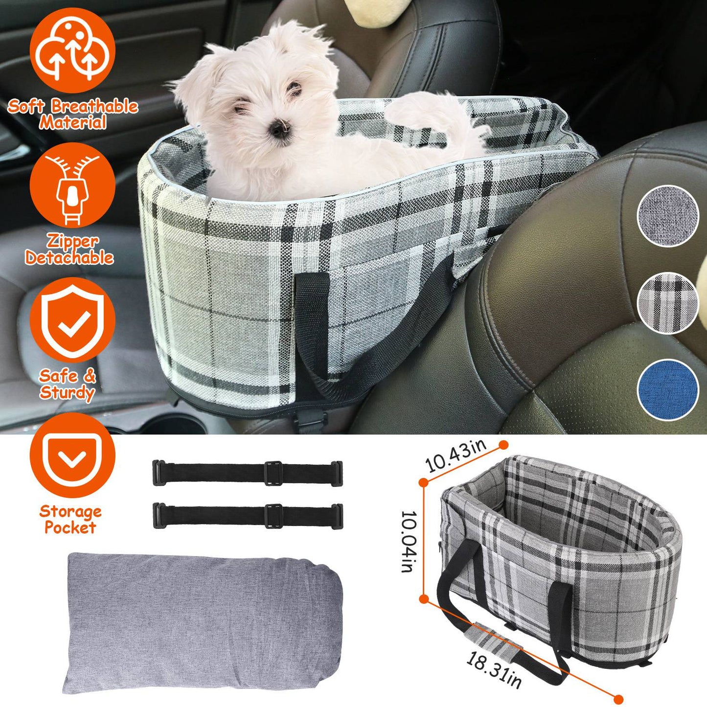 Console Pet Car Seat with Storage Pocket for Small Dogs & Cats