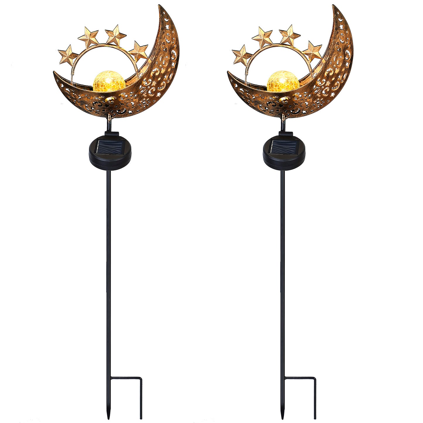 Solar Moon Star Garden Stake Light with Crackle Glass Globe