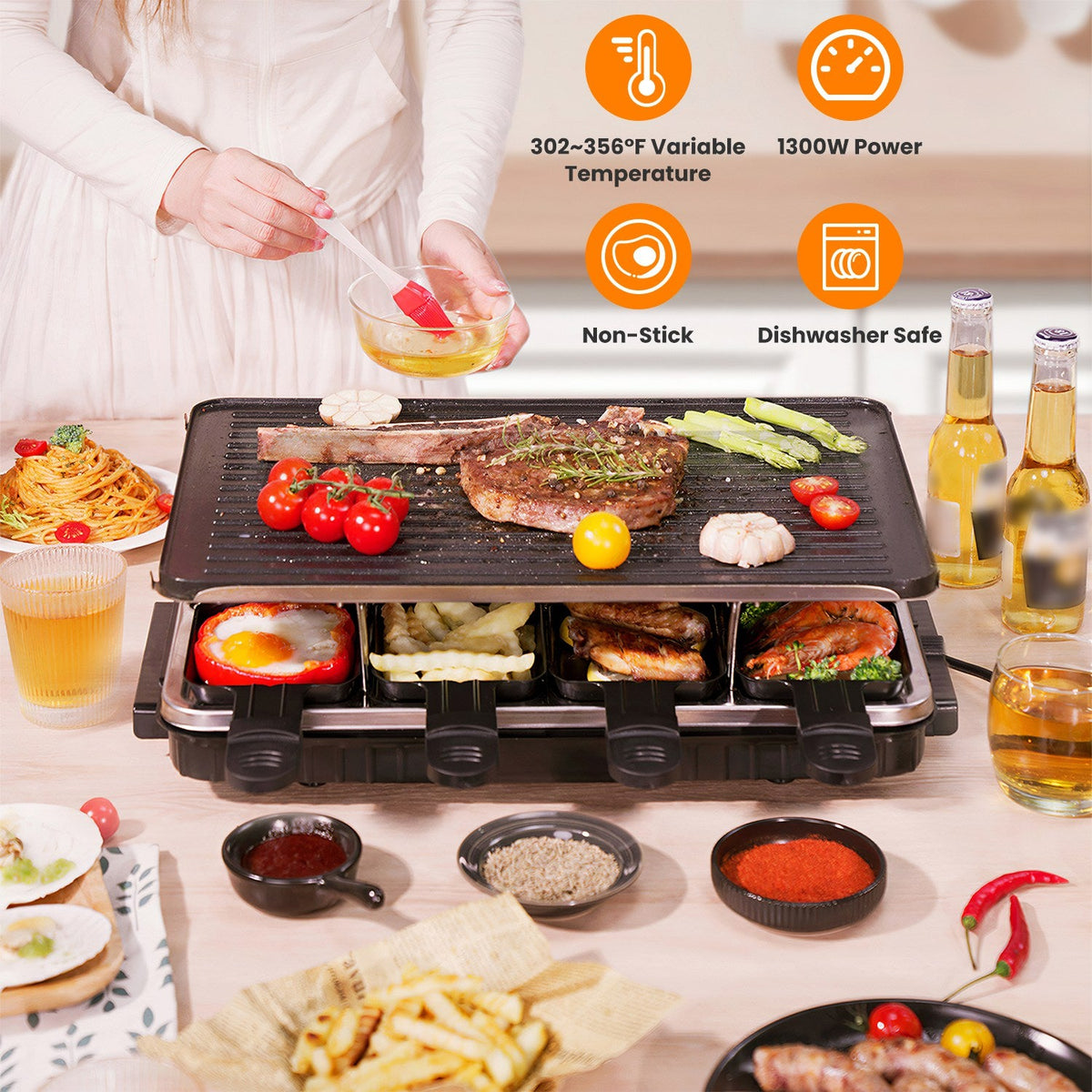 Raclette Grill for 8 People with Reversible Non-Stick Griddle