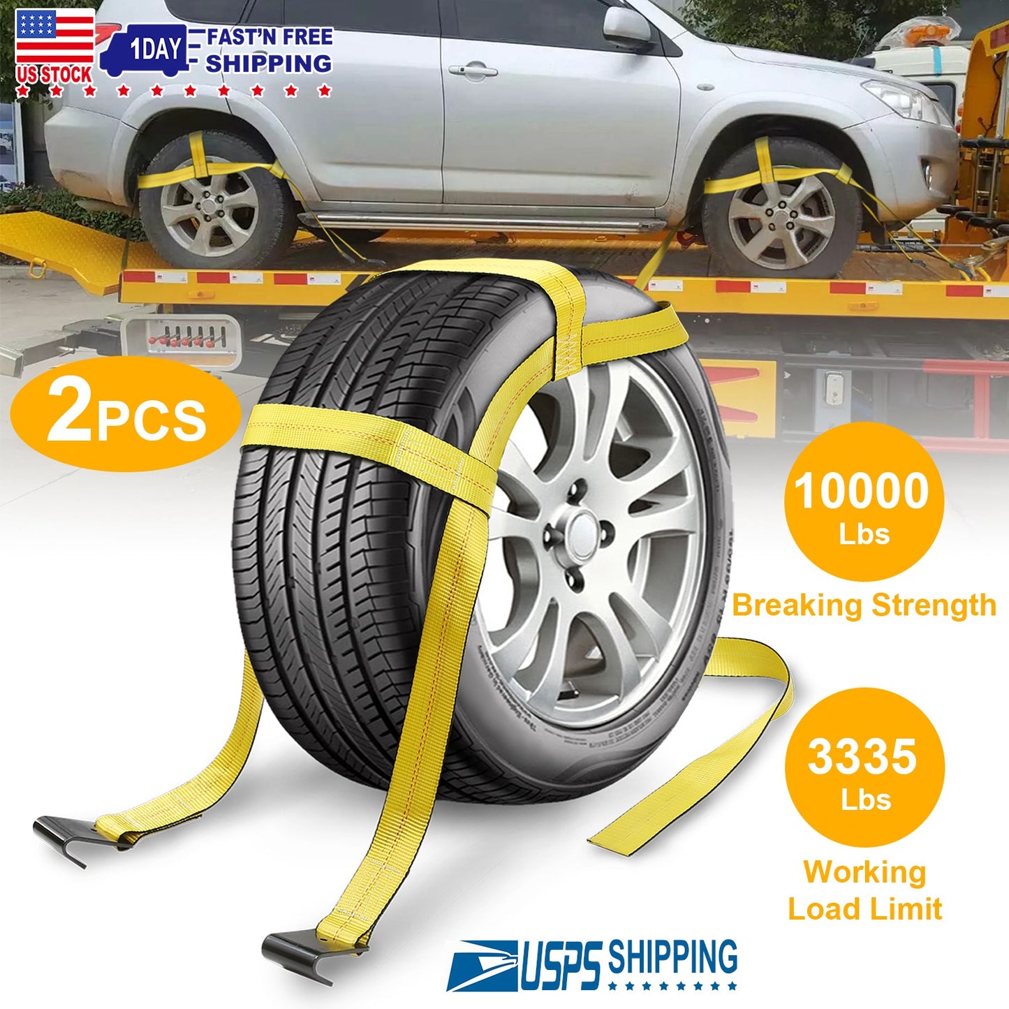 Adjustable Tow Dolly Tire Basket Straps with Flat Hooks (2-Pack)