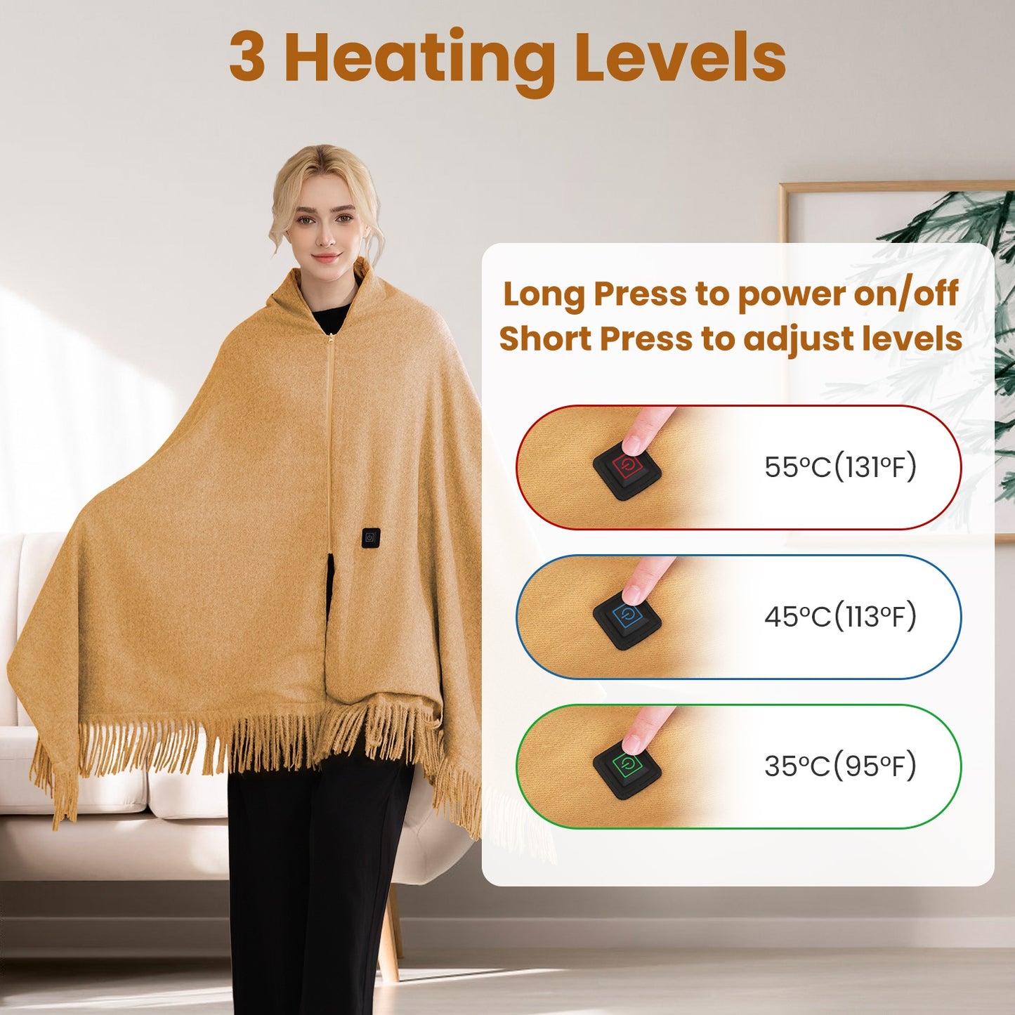 USB Heated Shawl with 3 Heat Levels and Zipper