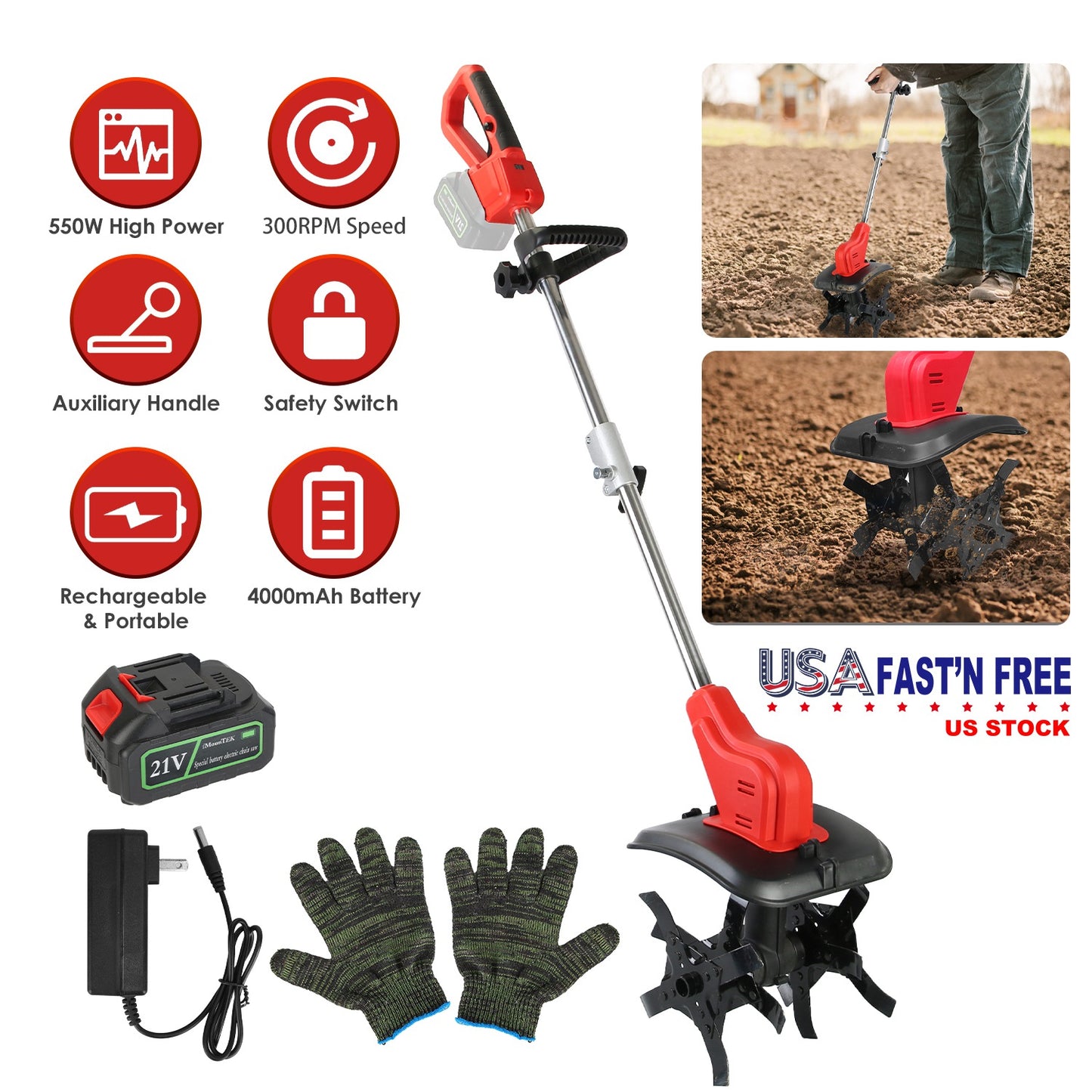 21V Cordless Electric Tiller Cultivator with 4 Blades