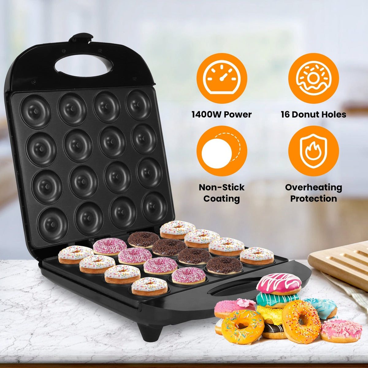 Mini Donut Maker Machine For Kids Snack Breakfast Desserts With 16 Doughnuts Holes Non Stick Coating Double-Side Heating Plates Overheating Protection