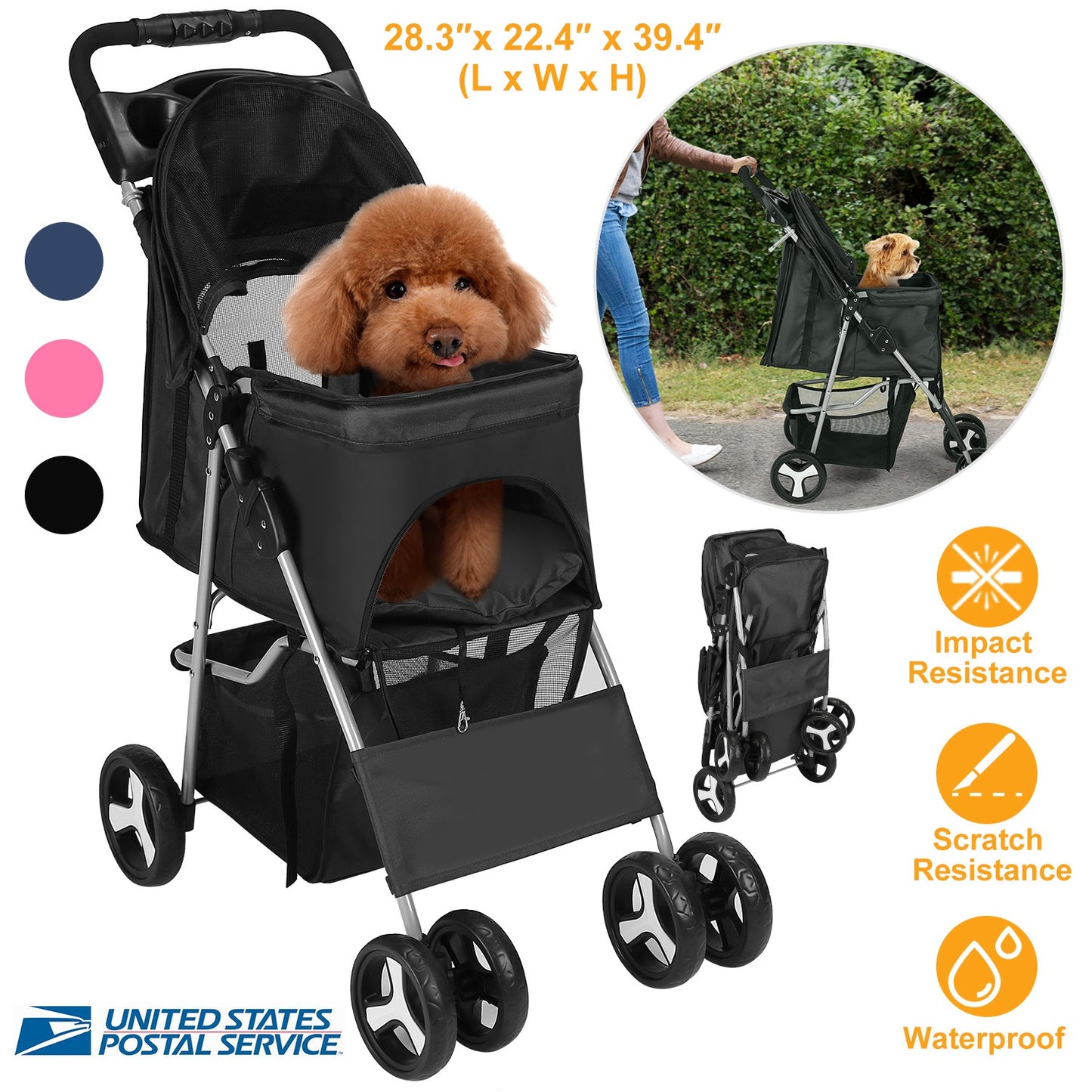 Pet Stroller with 4 Wheels - Foldable Carrier for Dogs & Cats