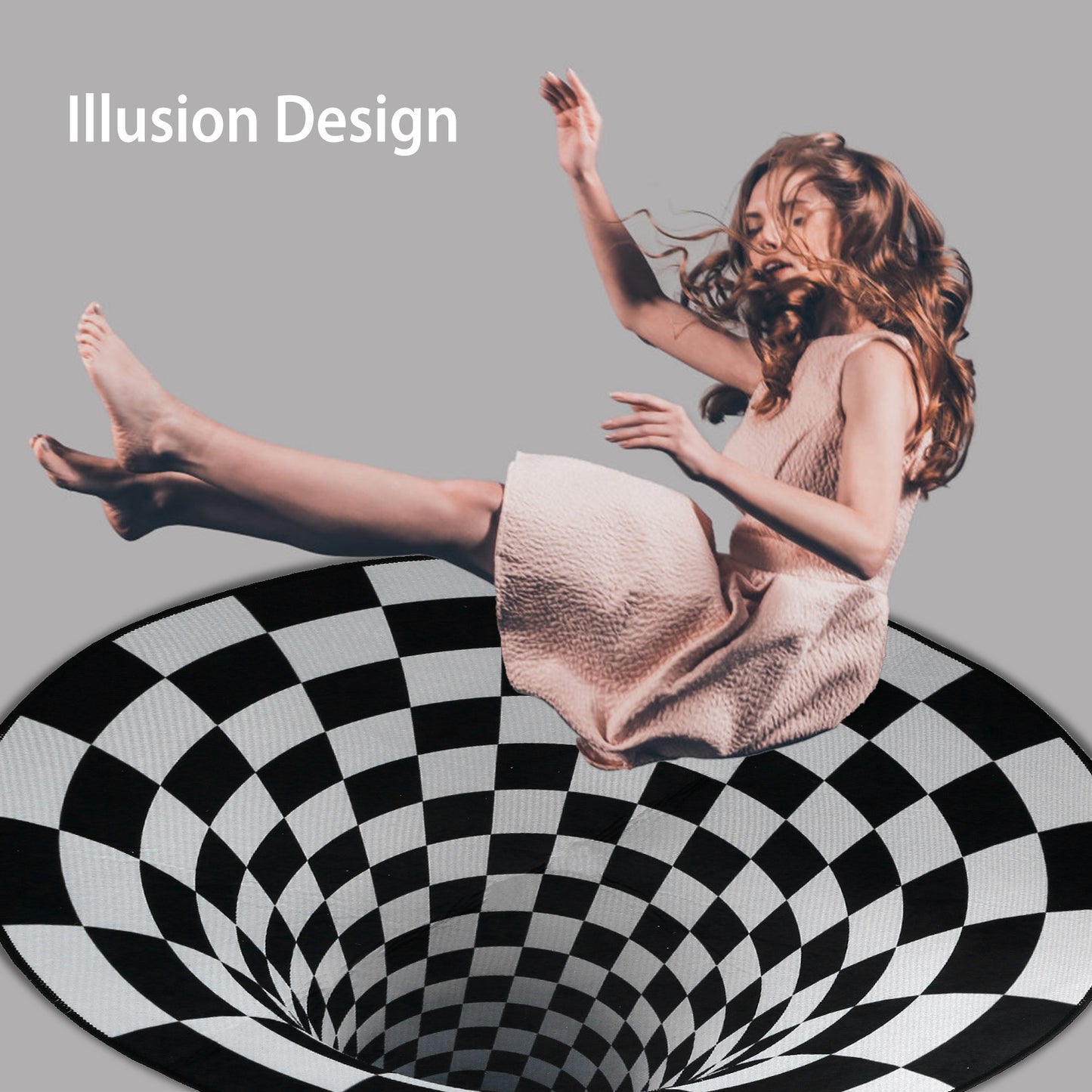 3D Illusion Round Area Rug - Black & White Checkered Design