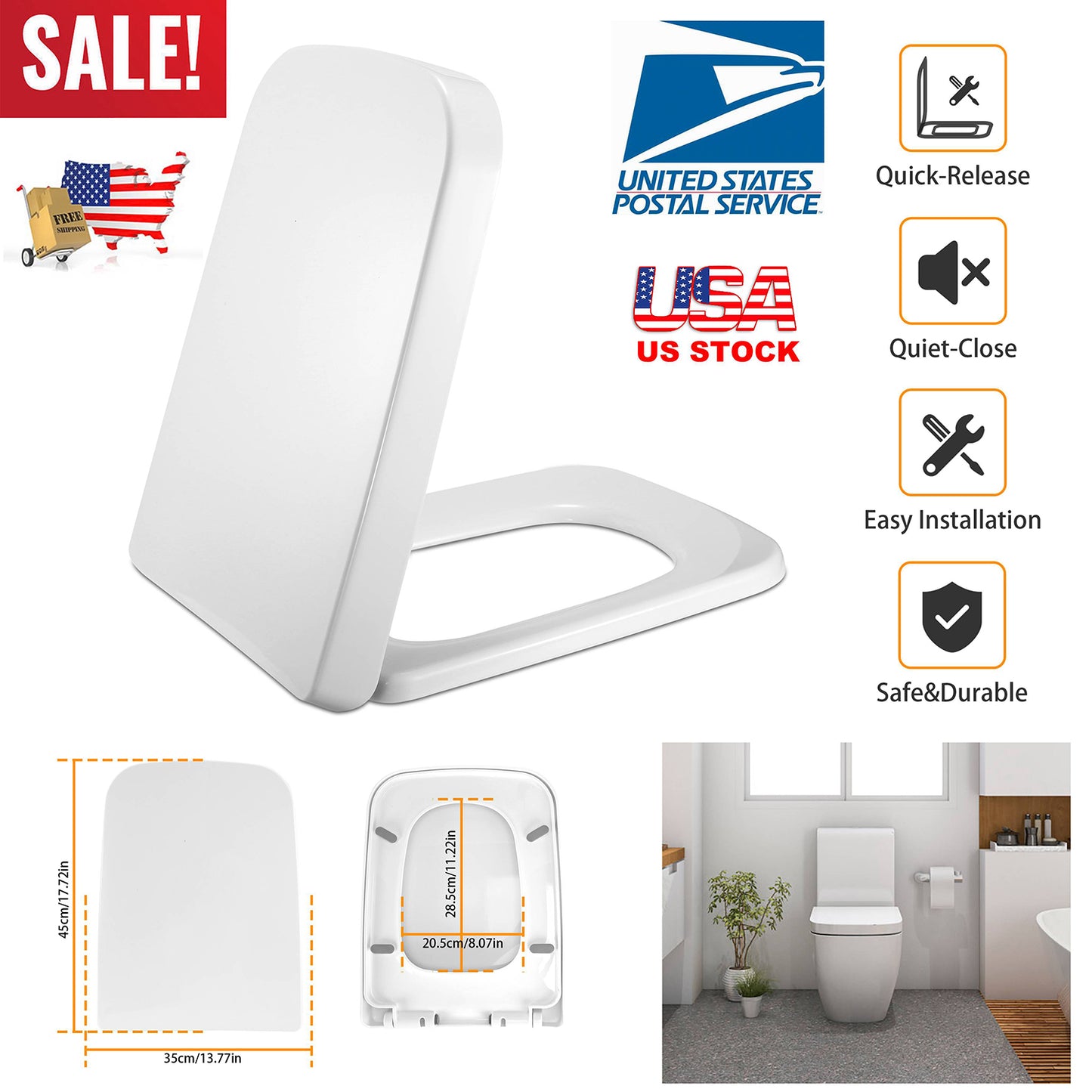 Square Toilet Seat with Quiet-Close and Quick-Release