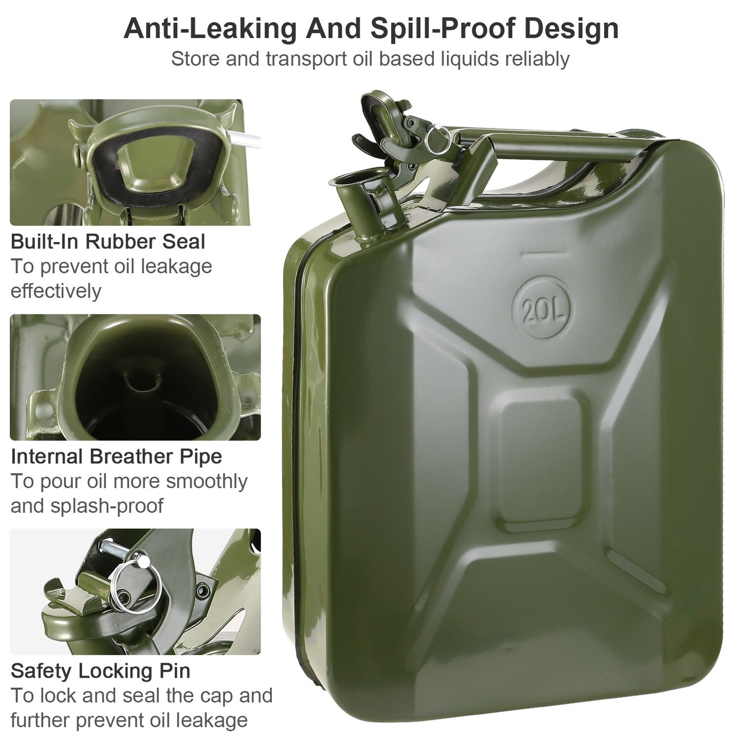 5 Gallon Steel Jerry Can with Spill-Proof Spout