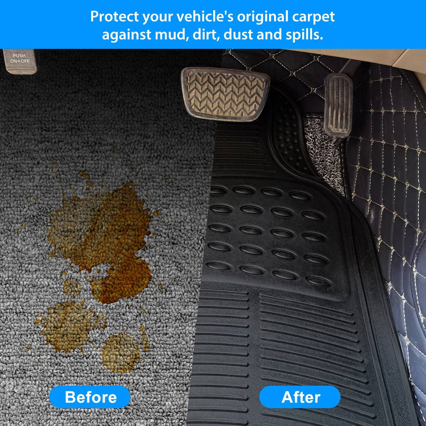 Car Floor Mats Set 3-Piece Heavy Duty PVC Rubber Trimmable