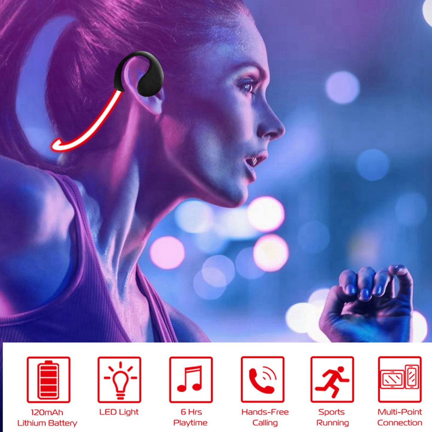 Wireless Sports Neckband Earphones with LED Light & Mic