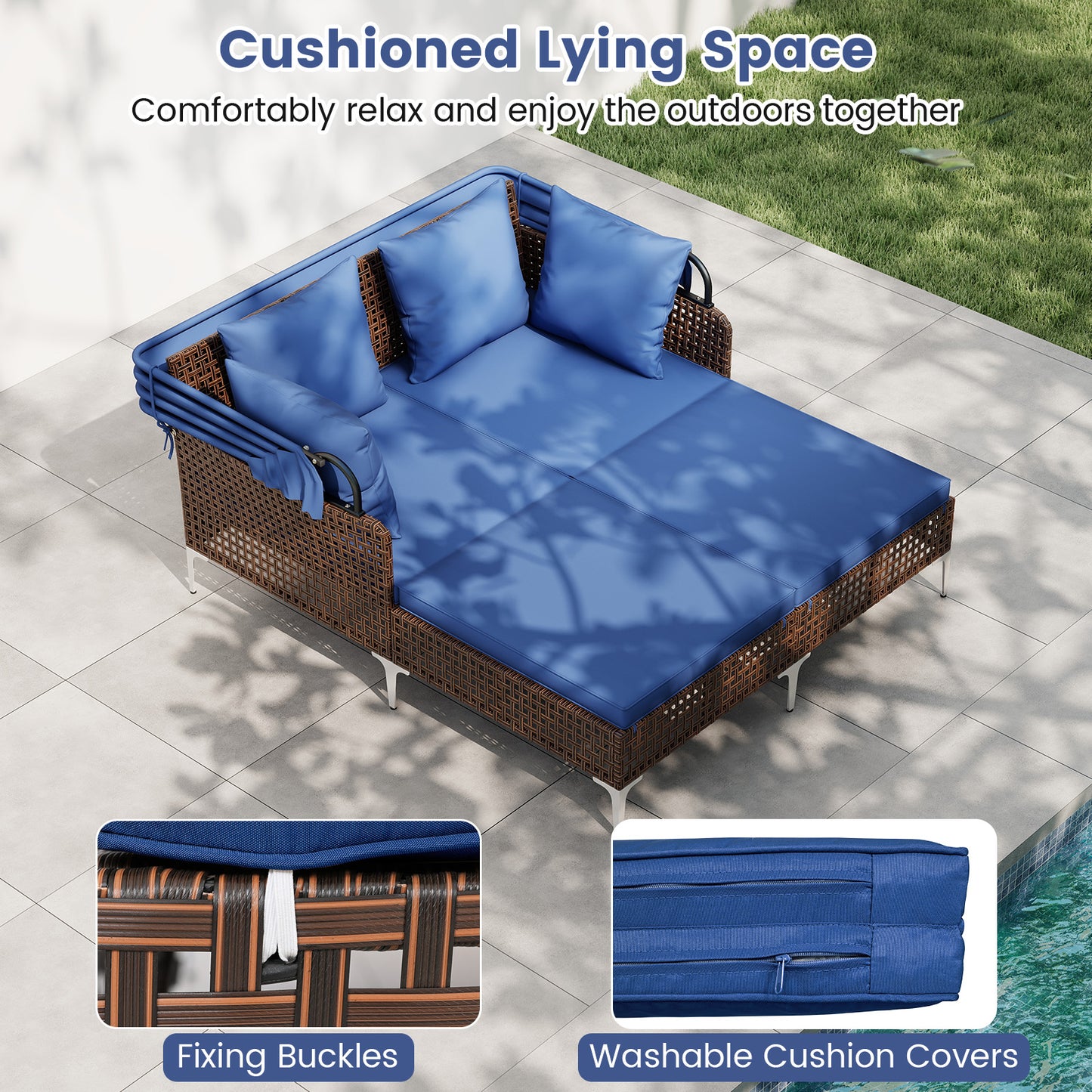 Outdoor Daybed with Retractable Canopy - PE Wicker Rattan