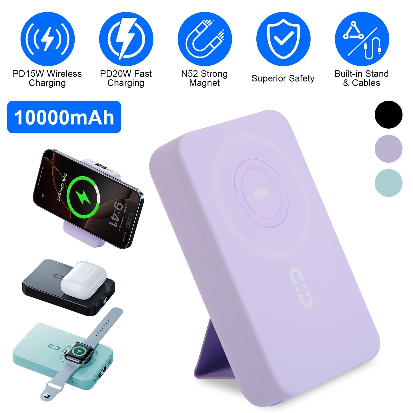 10000mAh MagSafe Power Bank with Built-In Cables & Stand