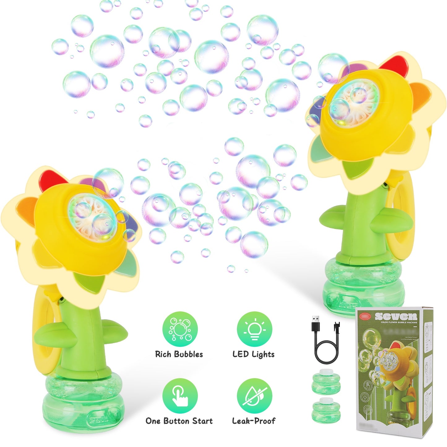 Rechargeable Sunflower Bubble Machine with LED Lights (2-Pack)