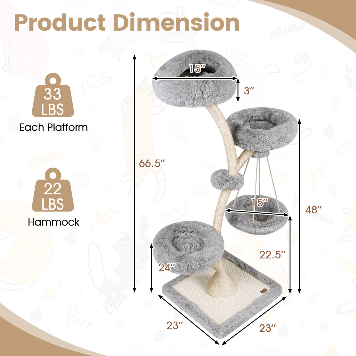 66.5" Multi-Level Modern Cat Tower with Top Perch 2 Beds Hammock and Sisal Posts