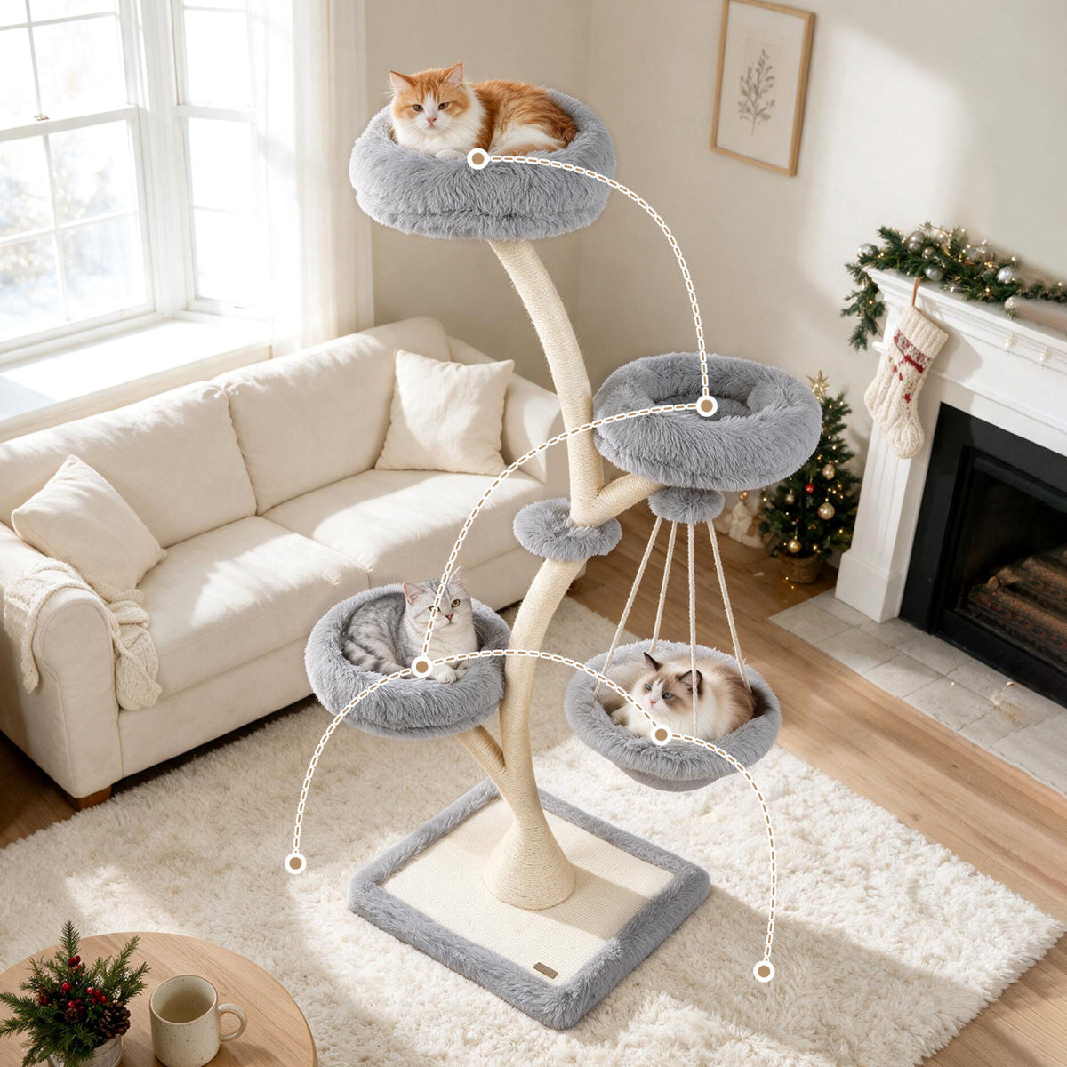 66.5" Multi-Level Modern Cat Tower with Top Perch 2 Beds Hammock and Sisal Posts