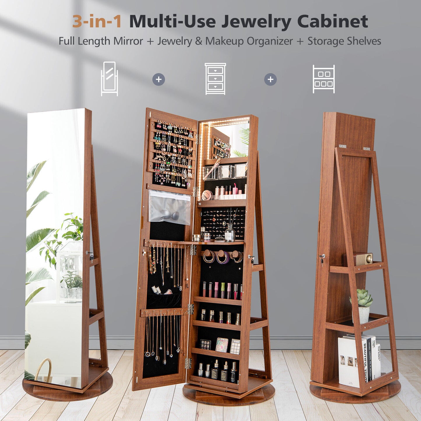Rotating Mirrored Jewelry Armoire with LED Lighting