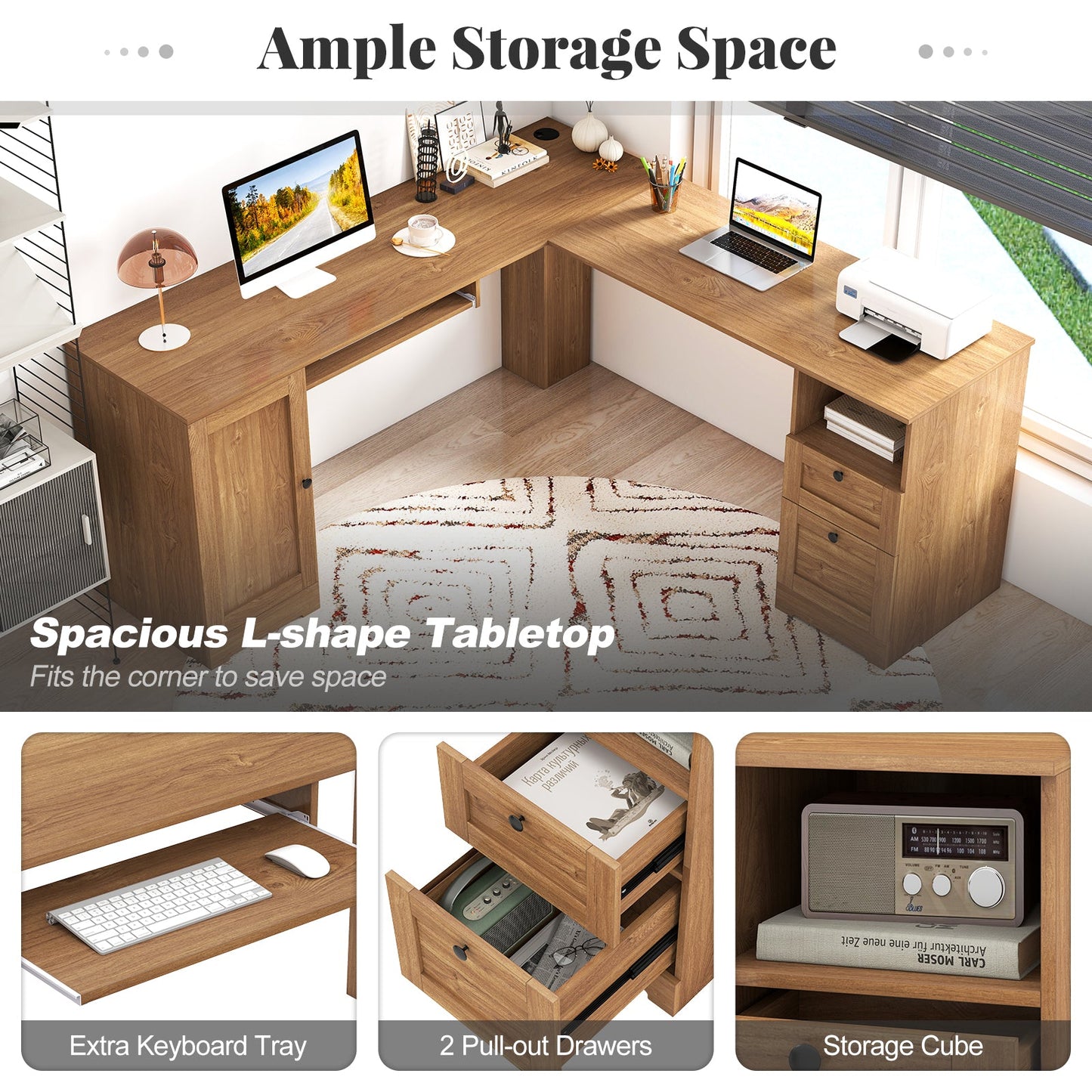 66 Inch L-Shaped Writing Study Workstation Computer Desk with Drawers