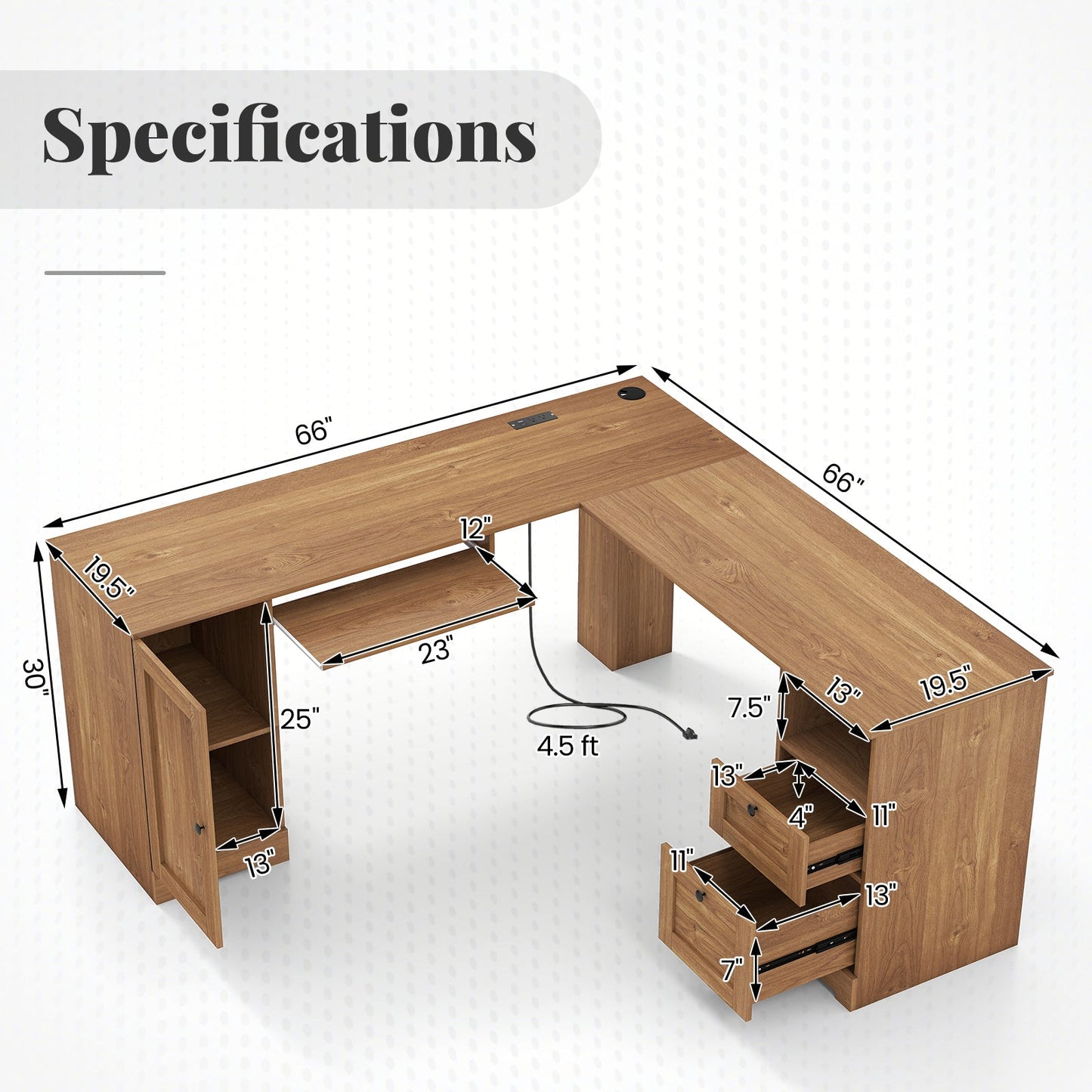 66 Inch L-Shaped Writing Study Workstation Computer Desk with Drawers