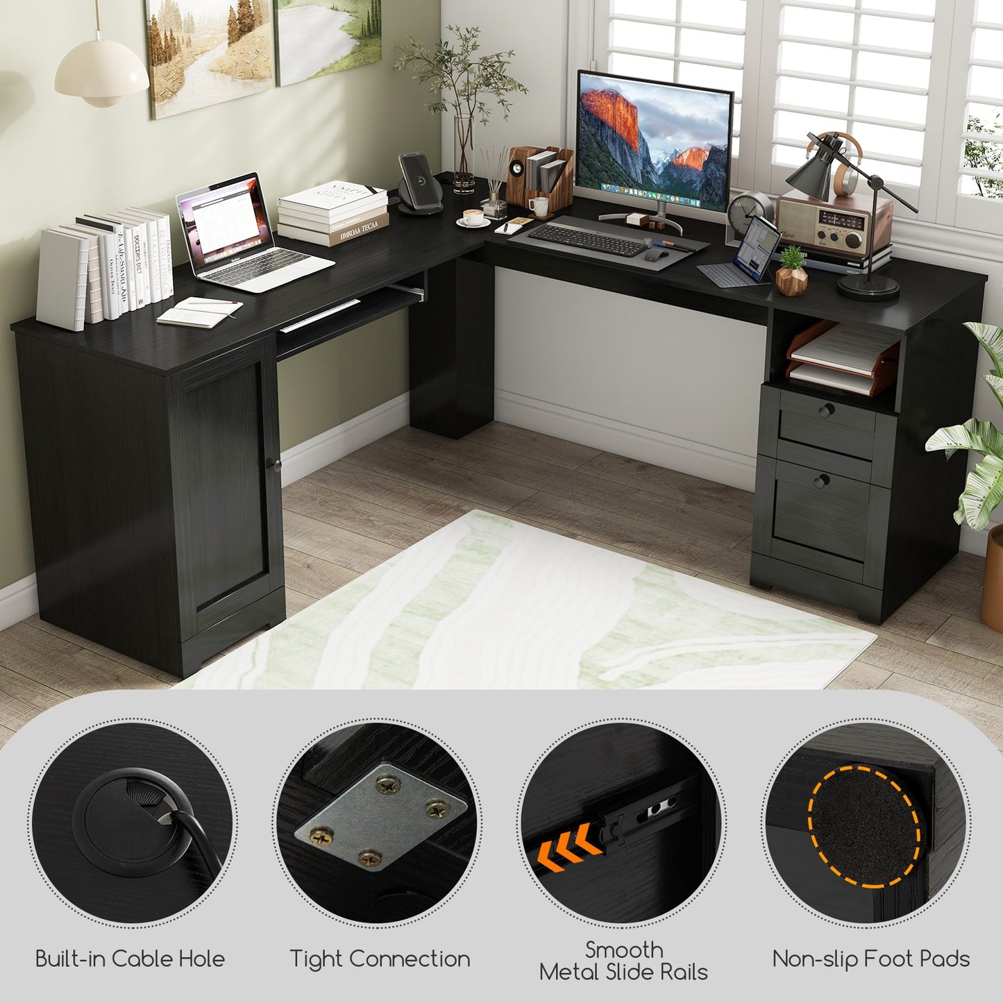 66 Inch L-Shaped Writing Study Workstation Computer Desk with Drawers