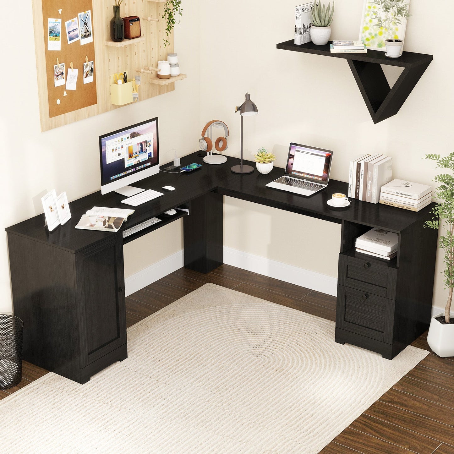 66 Inch L-Shaped Writing Study Workstation Computer Desk with Drawers