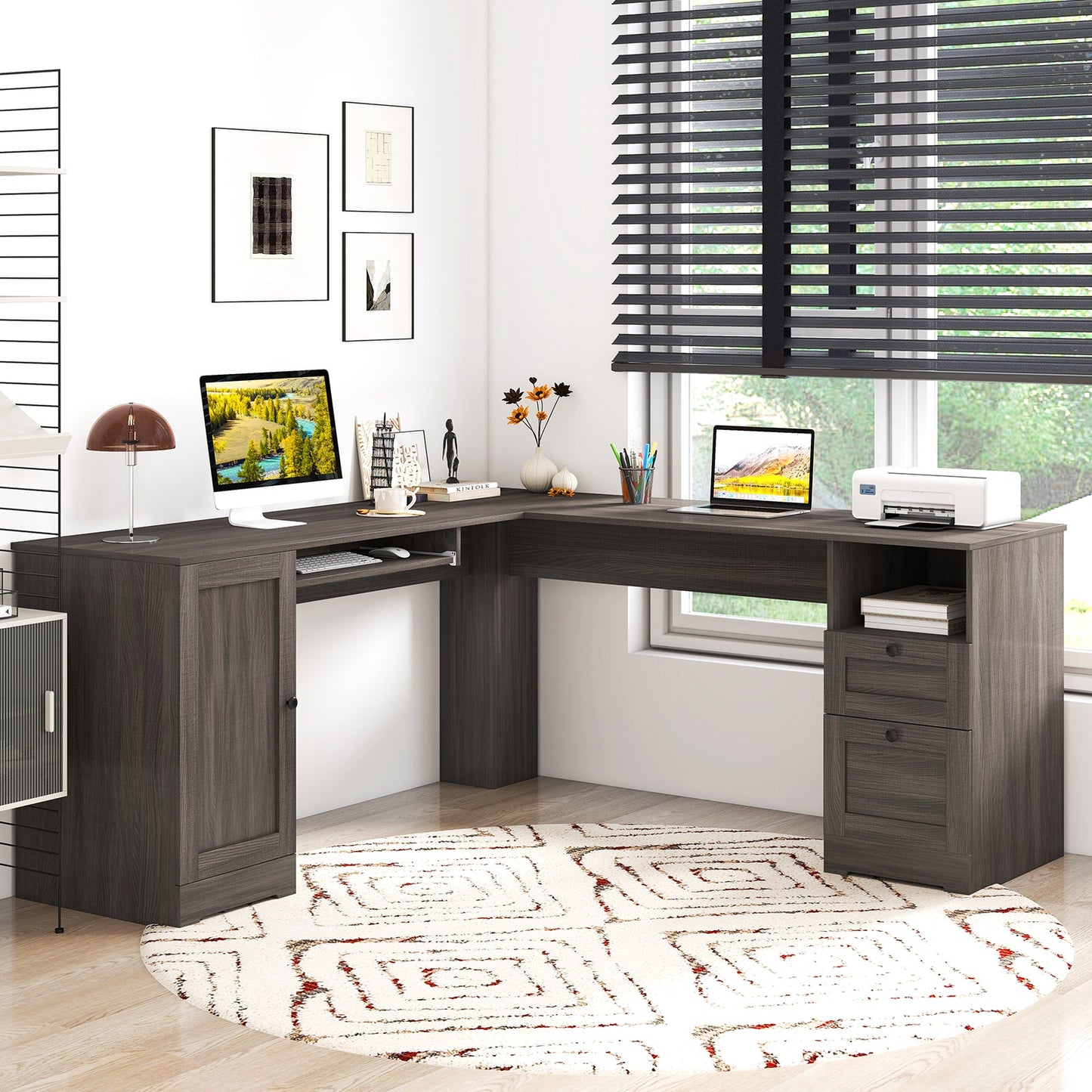 66 Inch L-Shaped Writing Study Workstation Computer Desk with Drawers