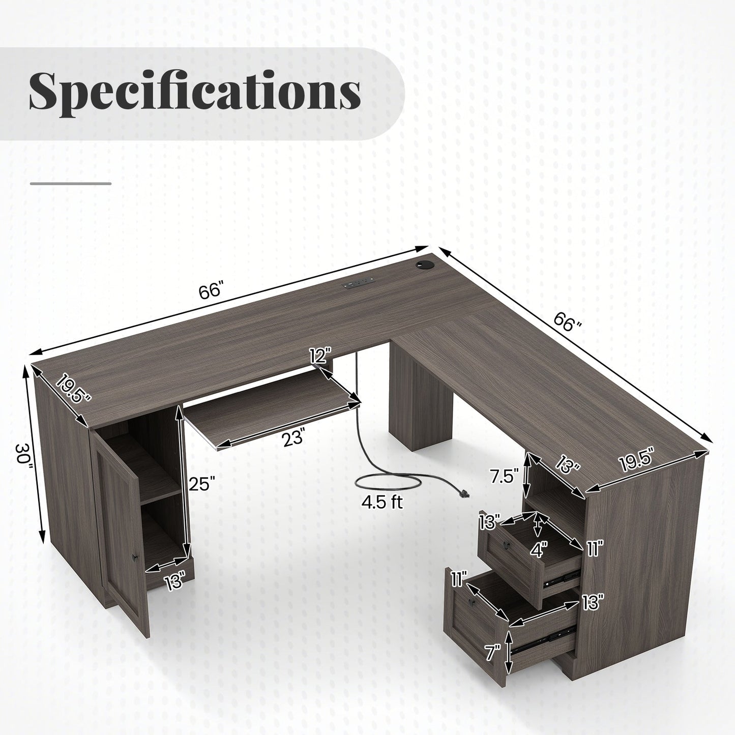 66 Inch L-Shaped Writing Study Workstation Computer Desk with Drawers