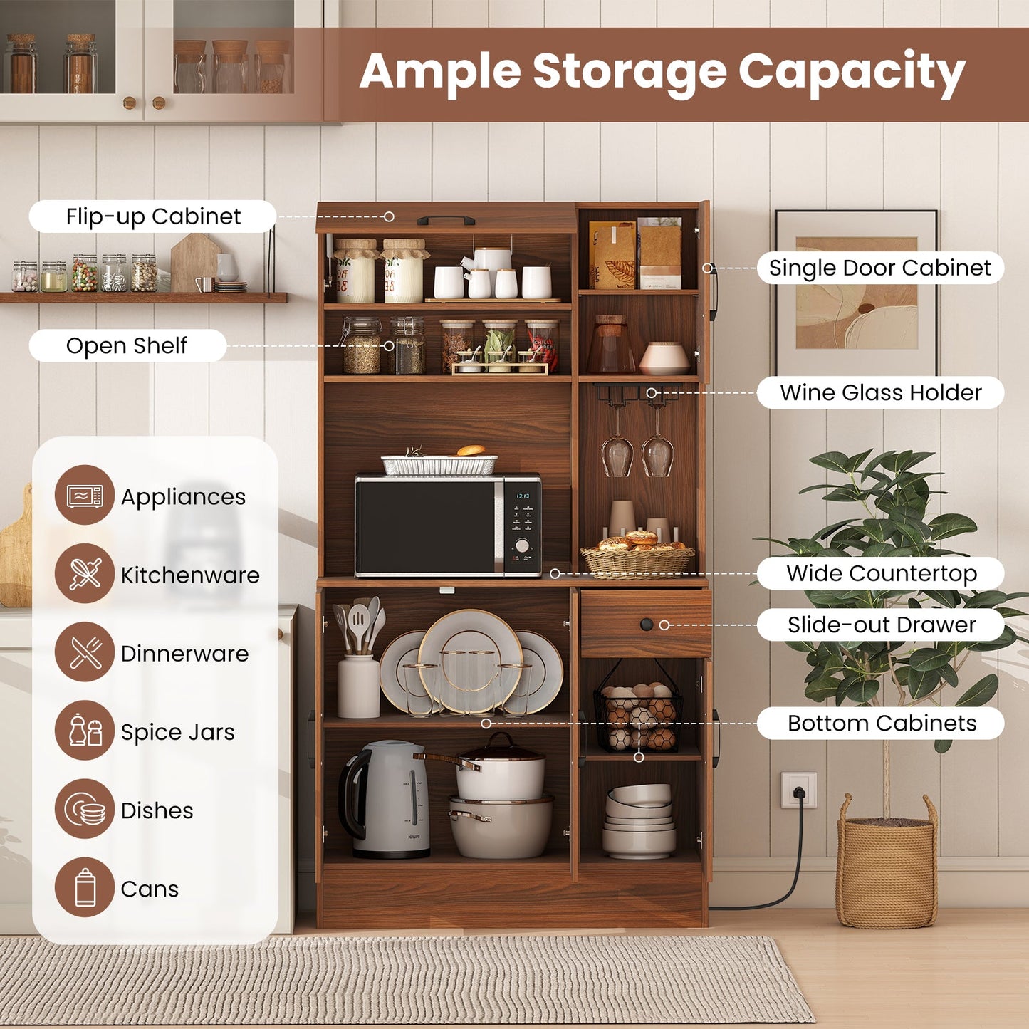 66 inch Pantry Cabinet with Charging Station and Microwave Stand-Brown