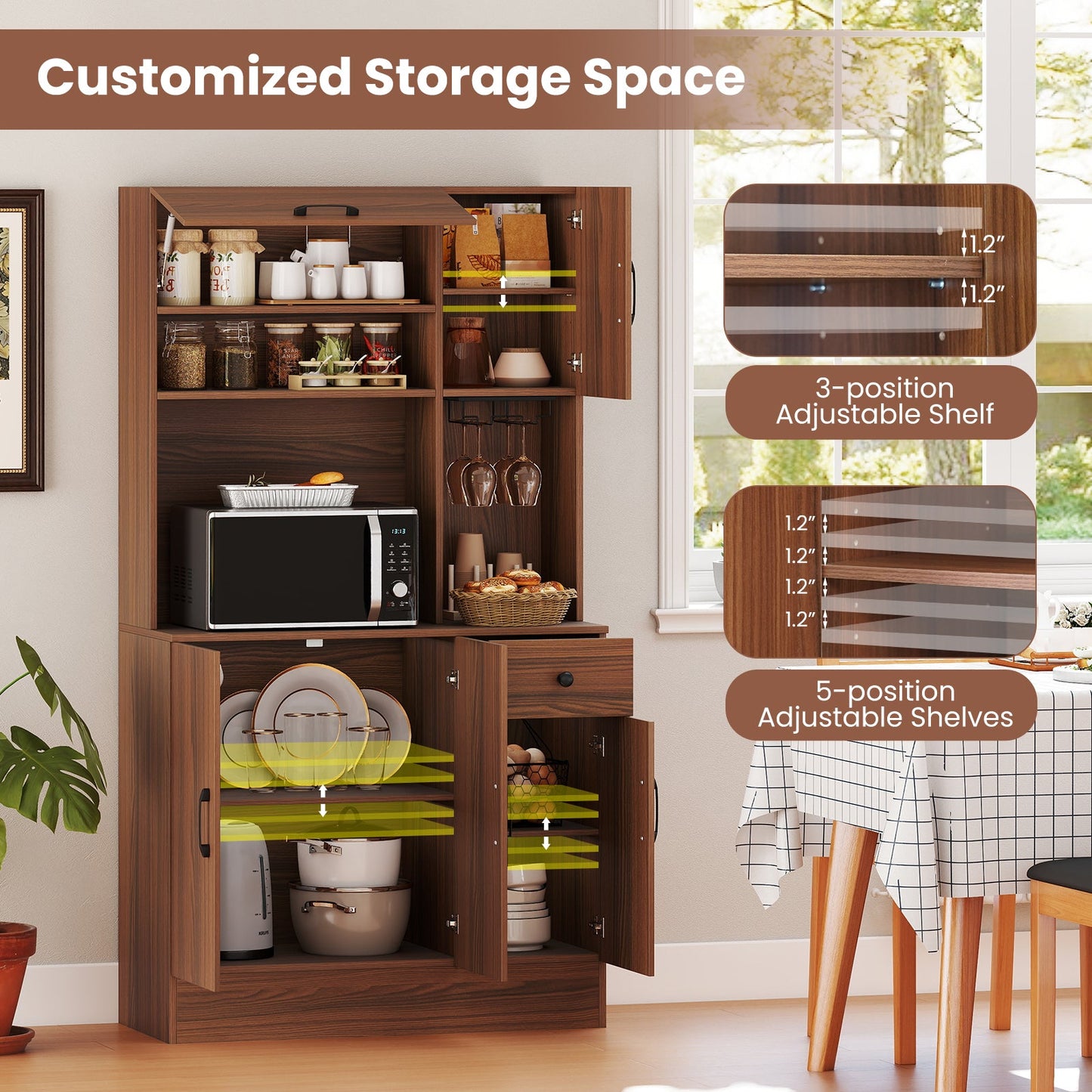 66 inch Pantry Cabinet with Charging Station and Microwave Stand-Brown