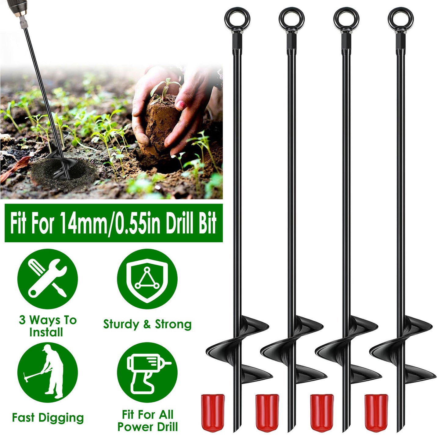 Ground Auger Stakes 4-Pack Heavy Duty 18" Steel Drill Bits