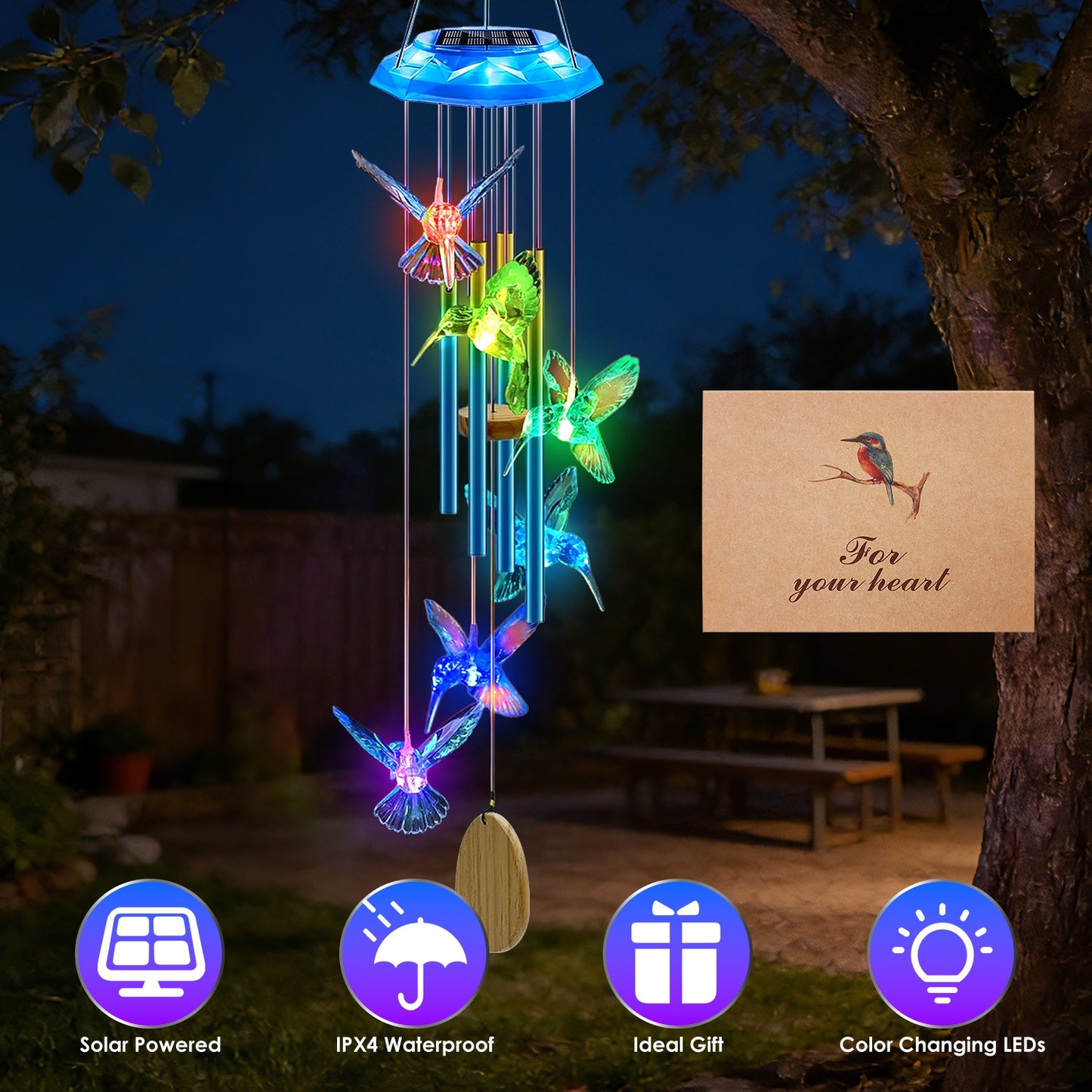 Solar Wind Chime with Color-Changing LED Lights & Aluminum Tubes