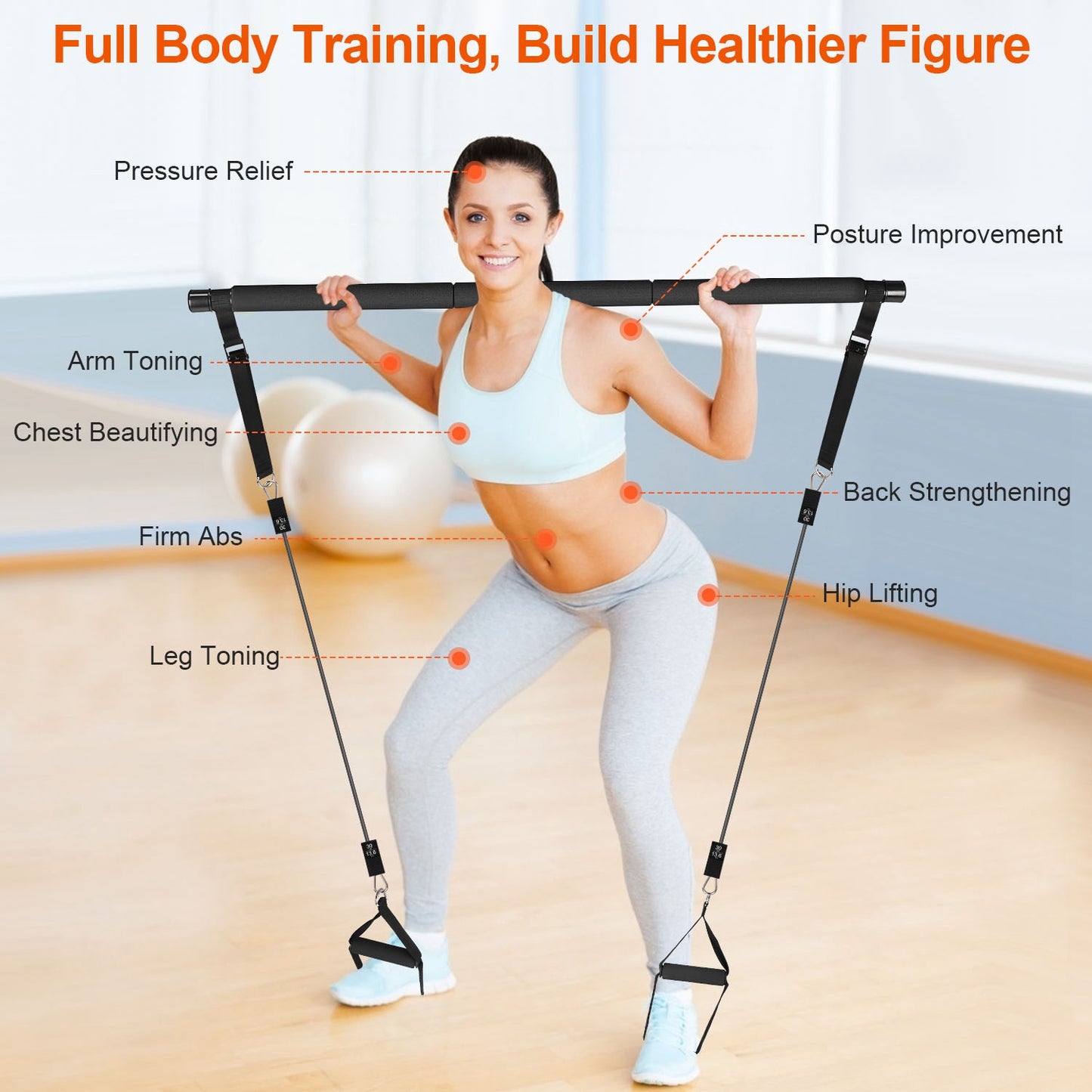 Pilates Bar Kit with 100LBS Resistance Bands & Accessories