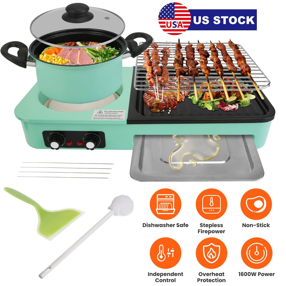 3 in 1 Electric Hot Pot with Grill 1600W Smokeless Non-Stick Korean BBQ Grill Shabu Shabu Hot Pot Combo with Independent Temperature Control for 3-5 P