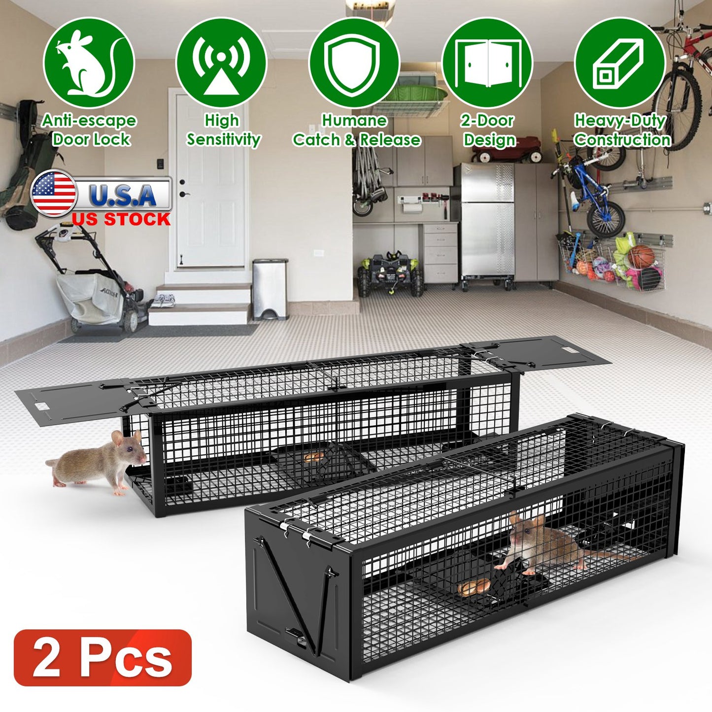 Humane Live Rat Trap 2-Pack - Dual Door Galvanized Cage