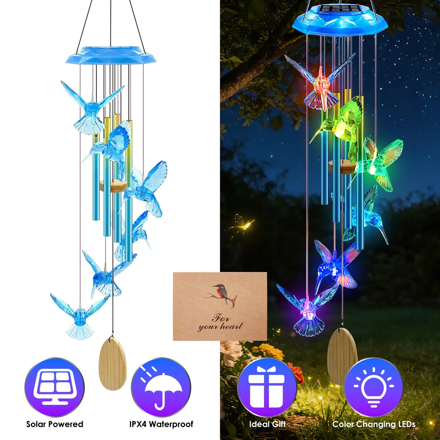 Solar Wind Chime with Color-Changing LED Lights & Aluminum Tubes