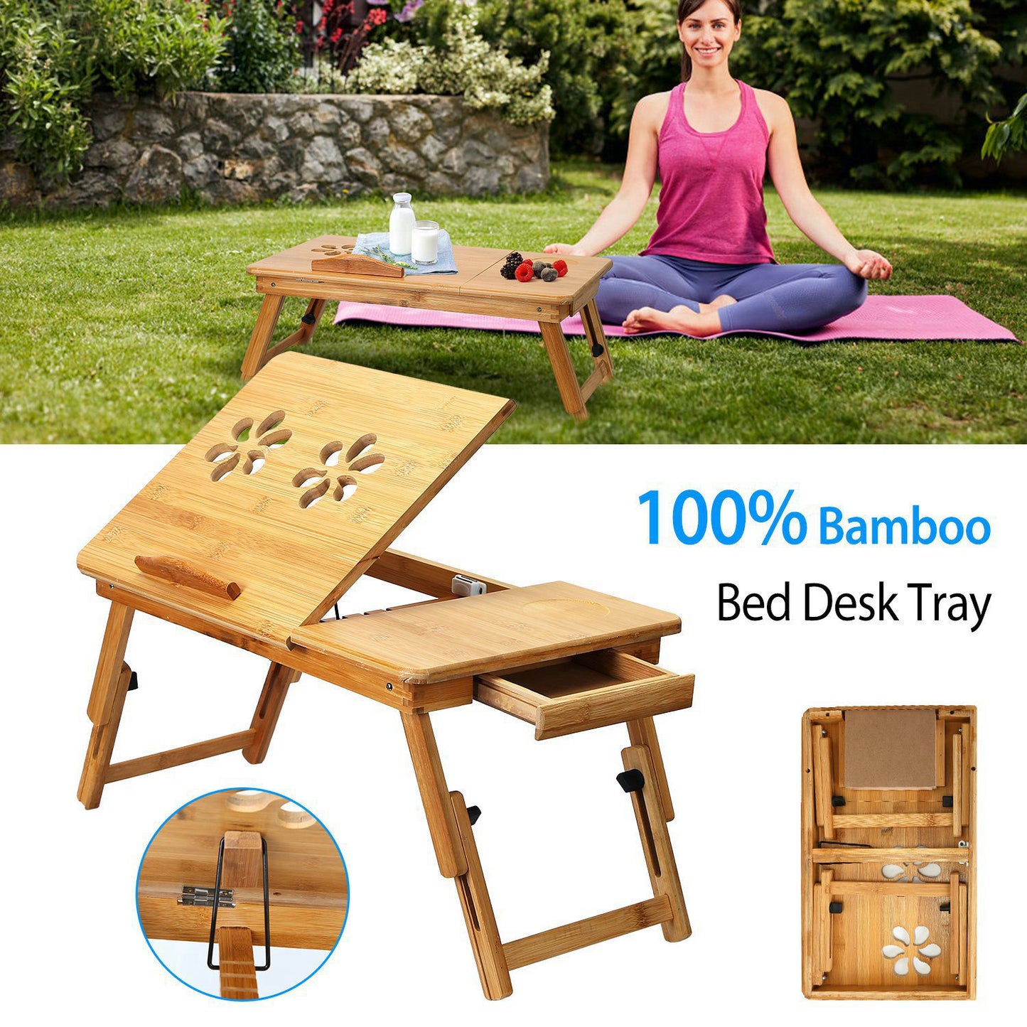 Bamboo Laptop Desk with Adjustable Legs and Storage Drawer