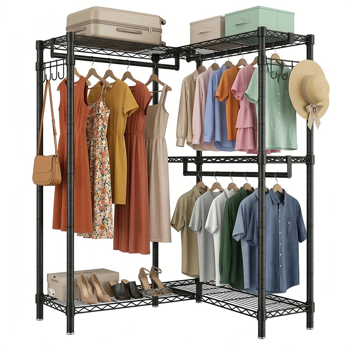 L-Shaped Garment Rack with Adjustable Shelves & 3 Hanging Rods