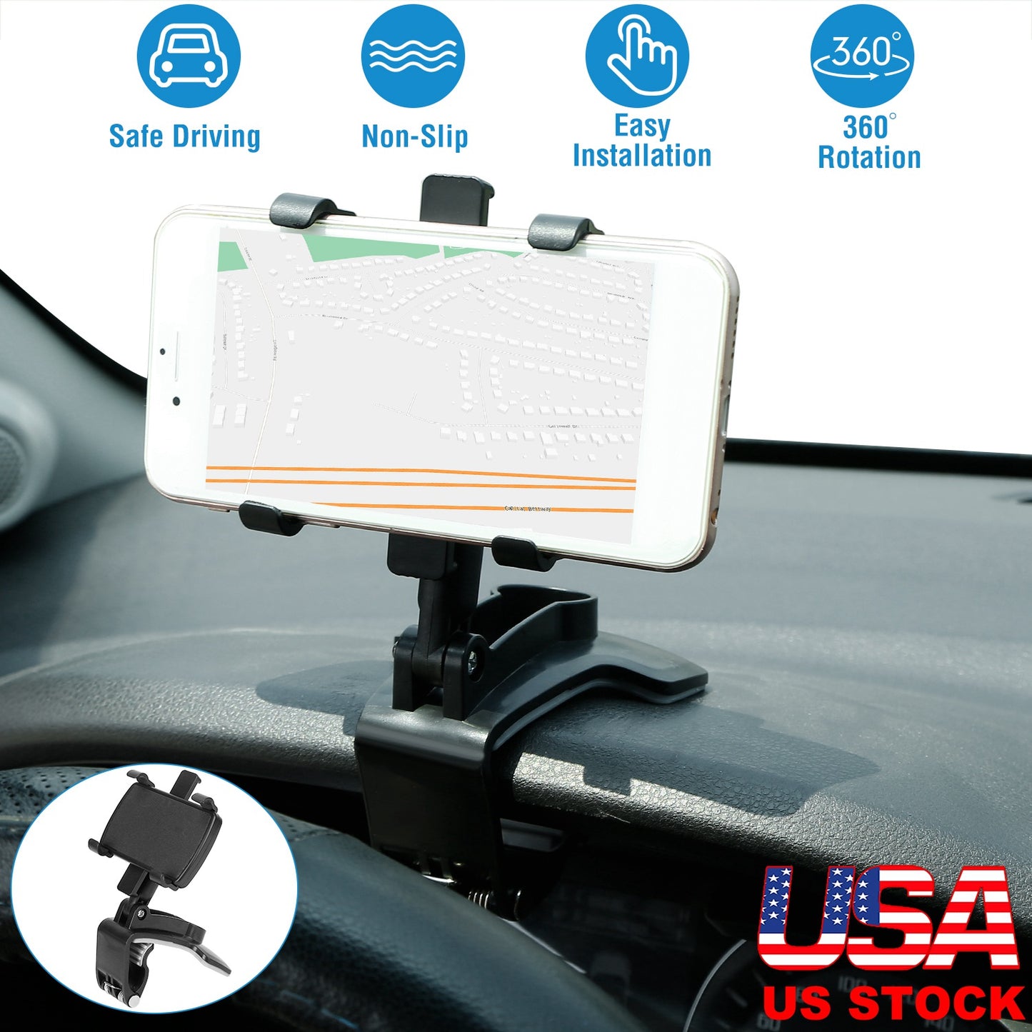 Dashboard Phone Holder with 360° Rotation for 3-7 Inch Phones