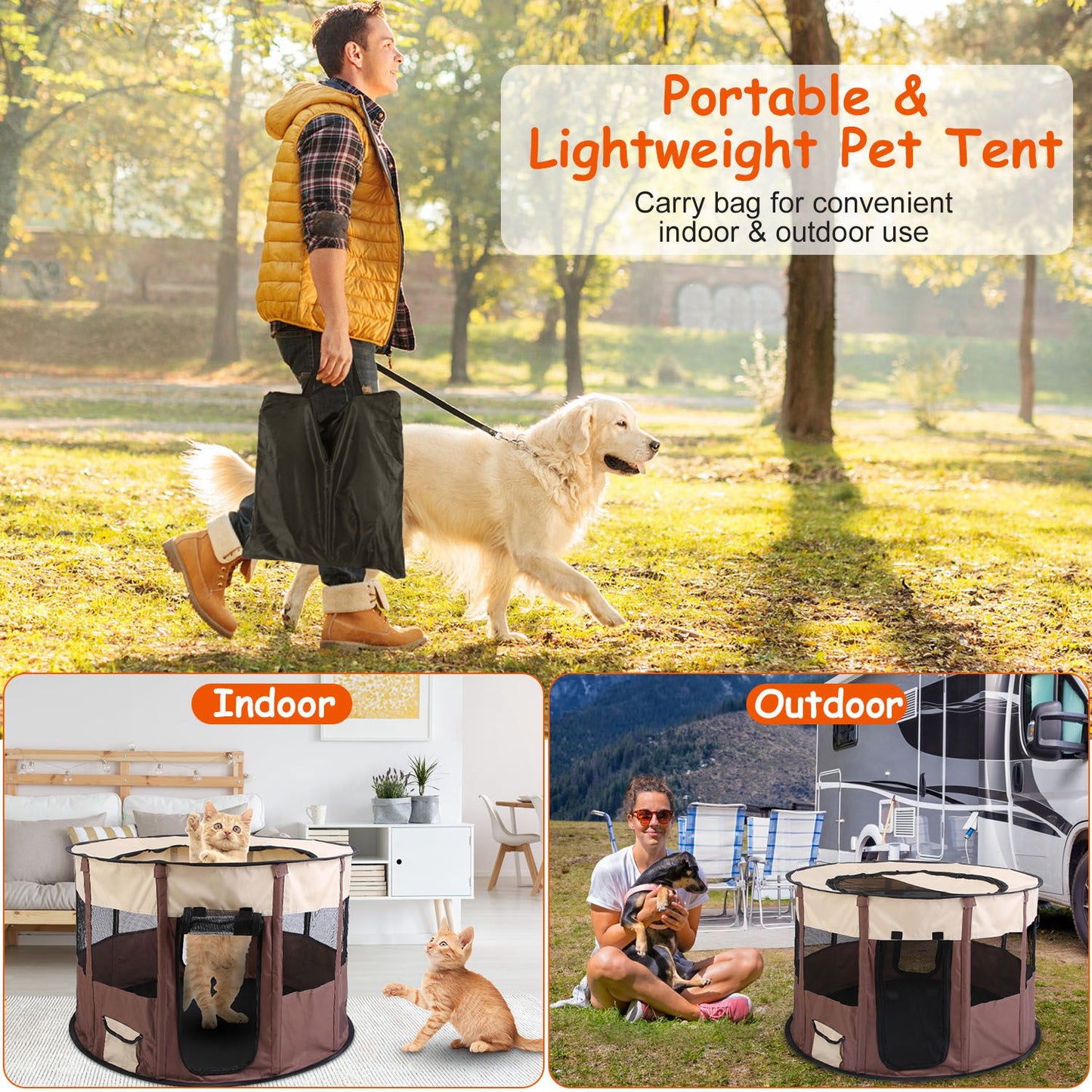 Foldable Dog Playpen with Carry Bag - Waterproof Pet Tent