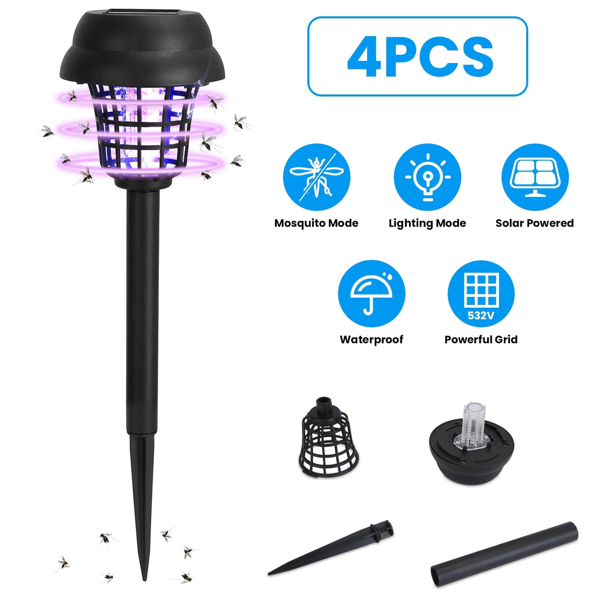 4 Pack Solar Powered Mosquito Zapper Outdoor Insect Killer Torch Waterproof Bug Zapper with UV Light White Light for Yard Garden Farm Patio