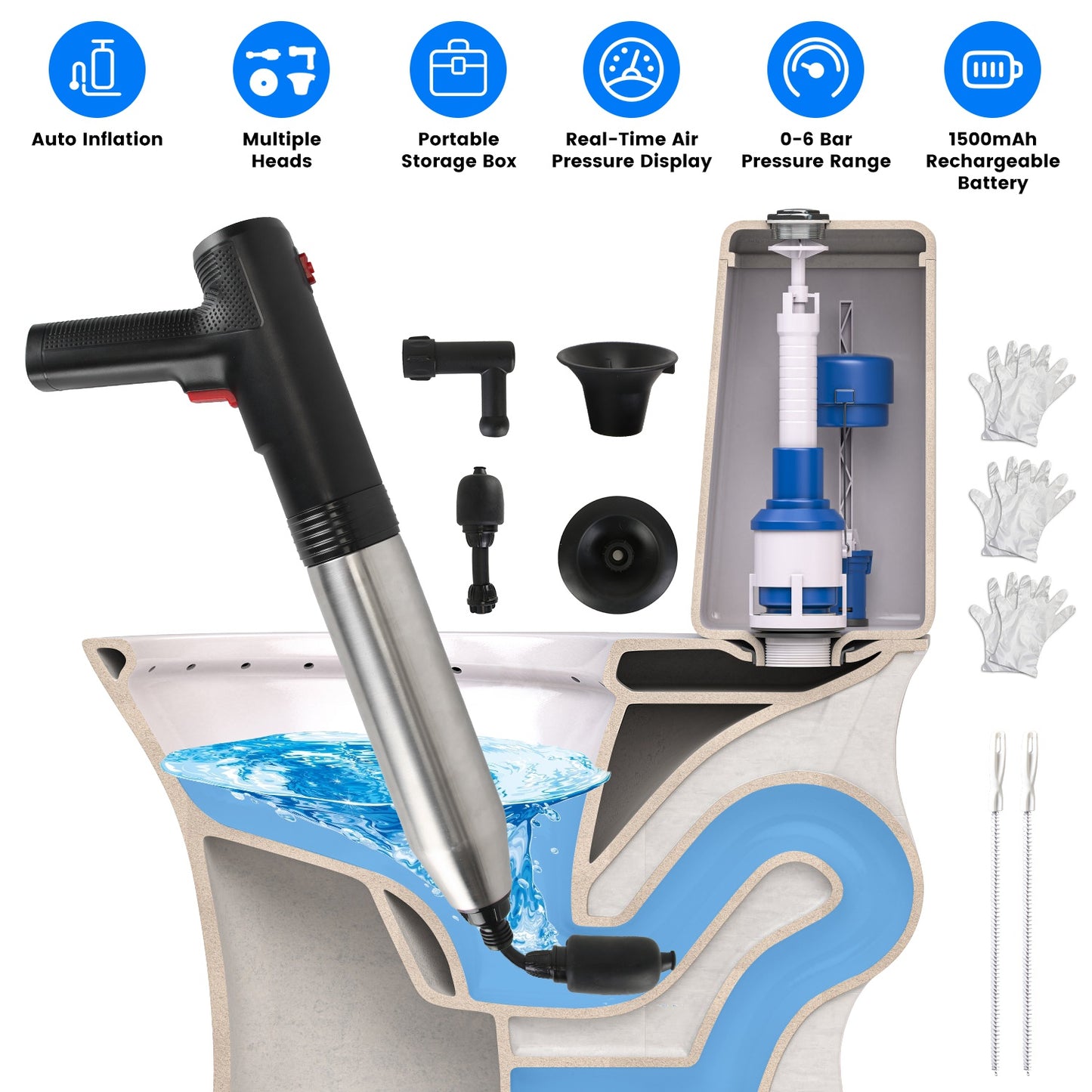 Electric Toilet Plunger with Pressure Display & Multiple Heads