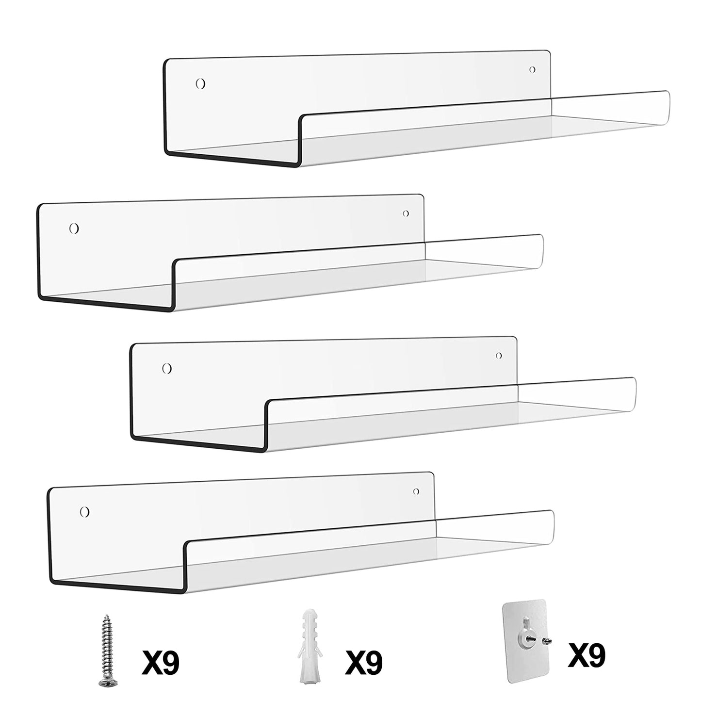 Clear Acrylic Floating Shelves 4 Pack - 15 Inch Wall Mounted