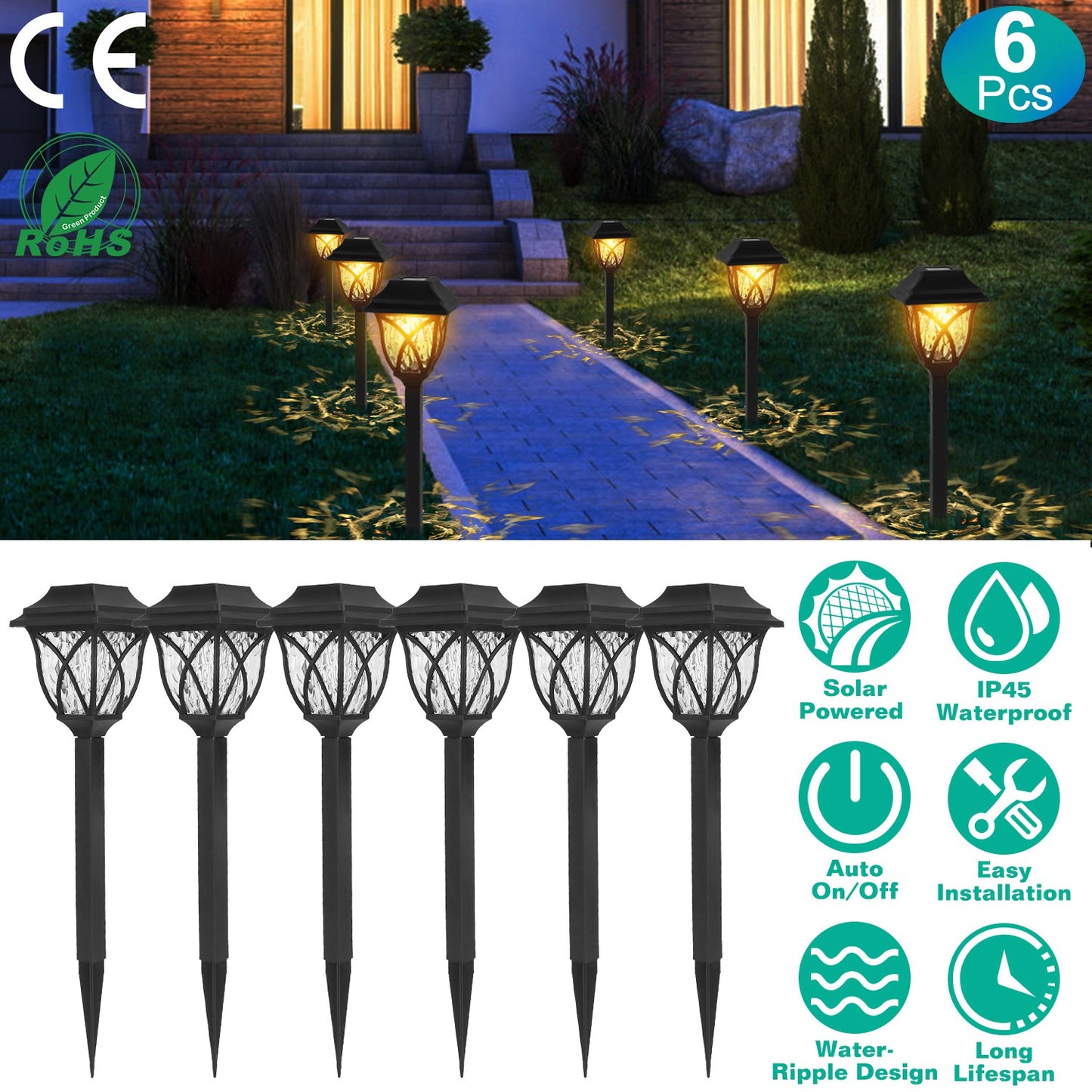 Solar Pathway Lights 6-Pack Waterproof Garden Stake Lamps