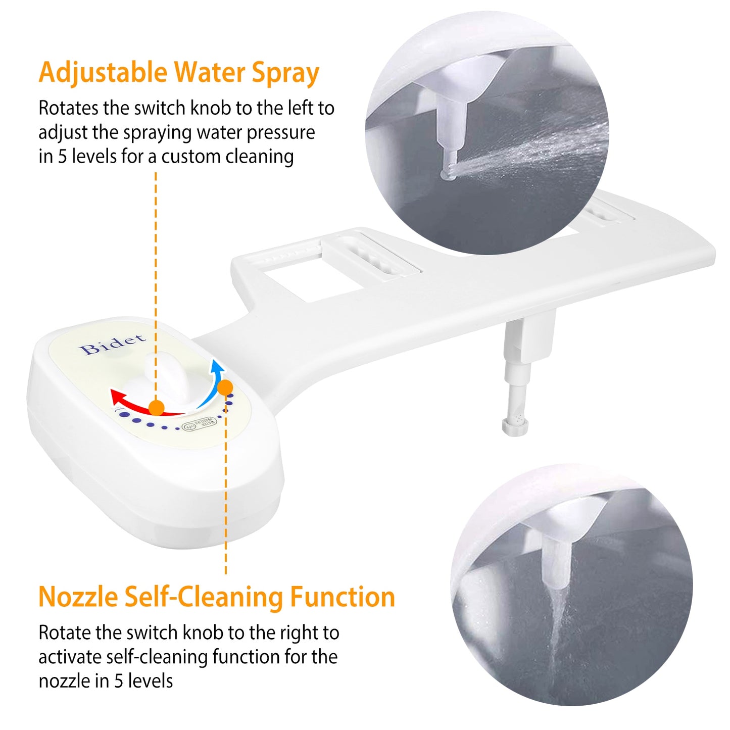 Non-Electric Bidet Attachment with Adjustable Water Pressure