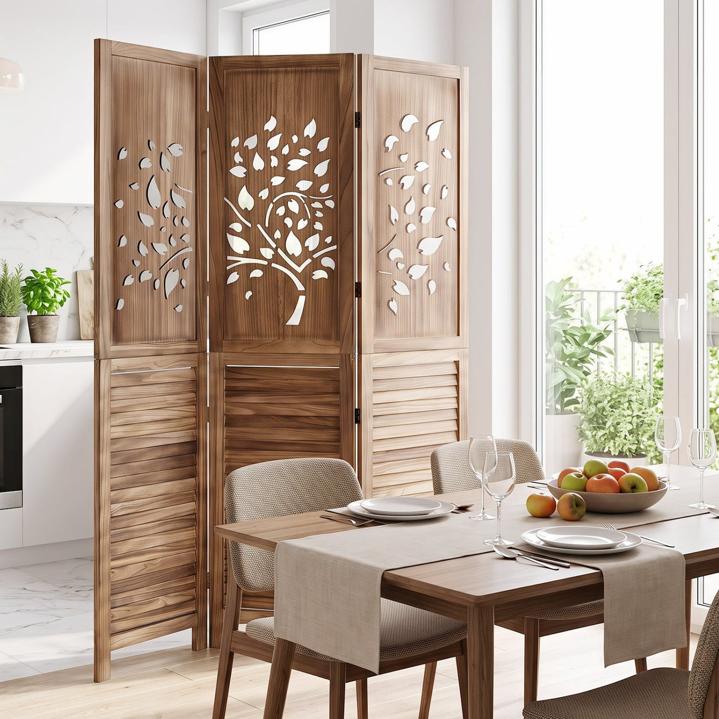 3-Panel Folding Room Divider 67" with Tree Cutout Design