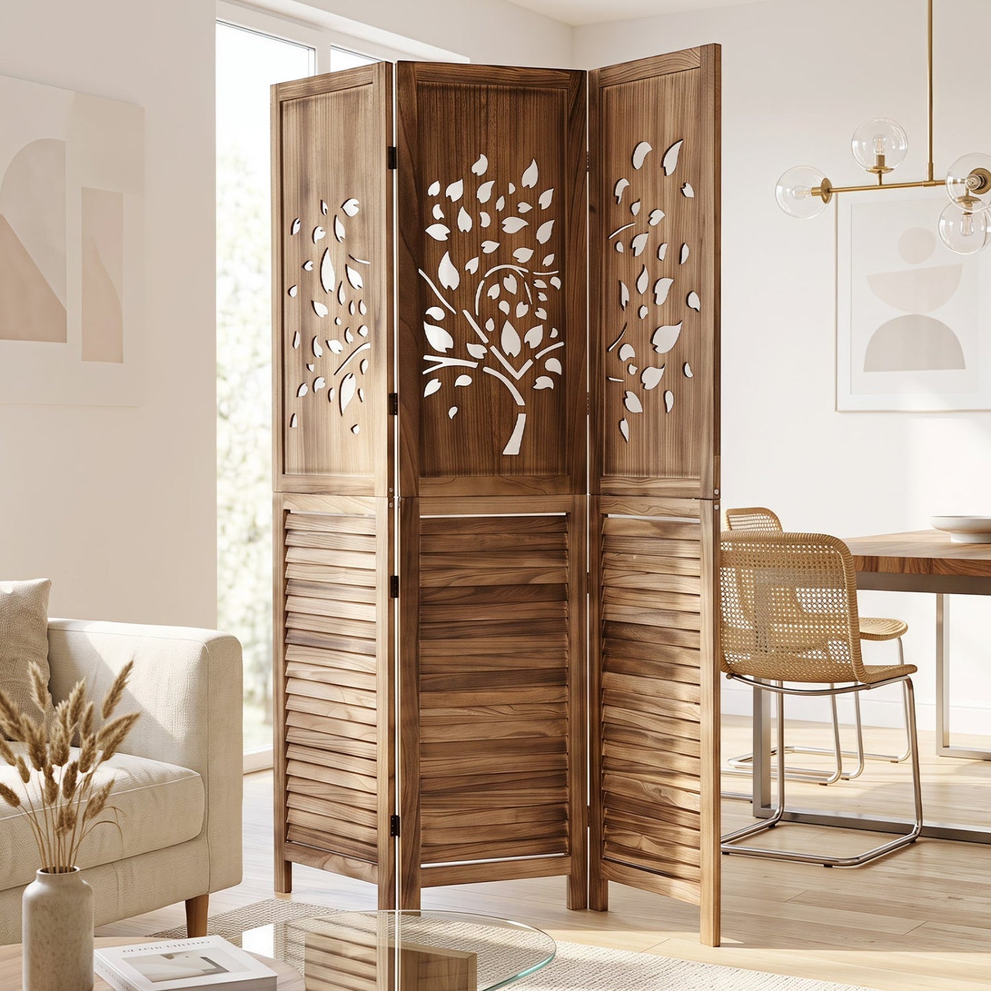 3-Panel Folding Room Divider 67" with Tree Cutout Design