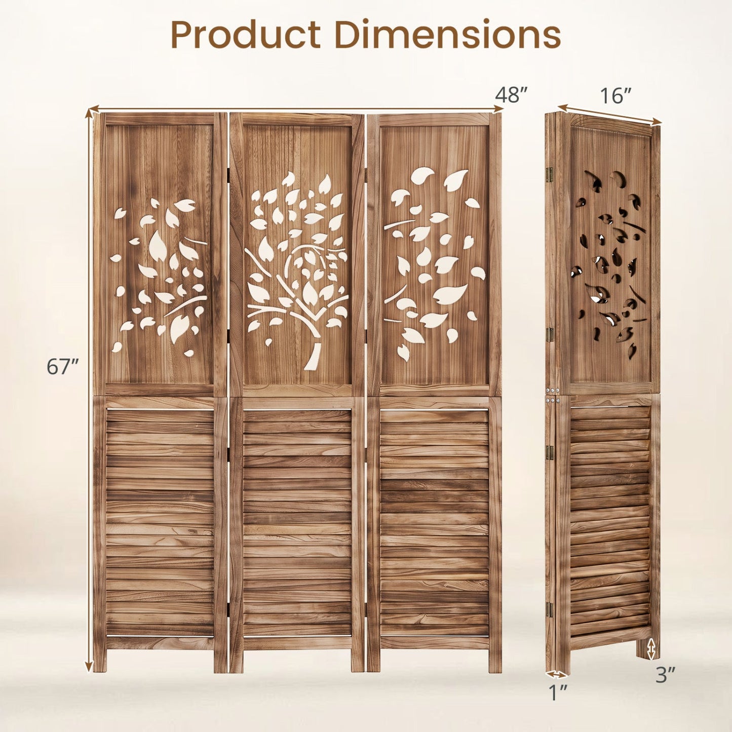 3-Panel Folding Room Divider 67" with Tree Cutout Design