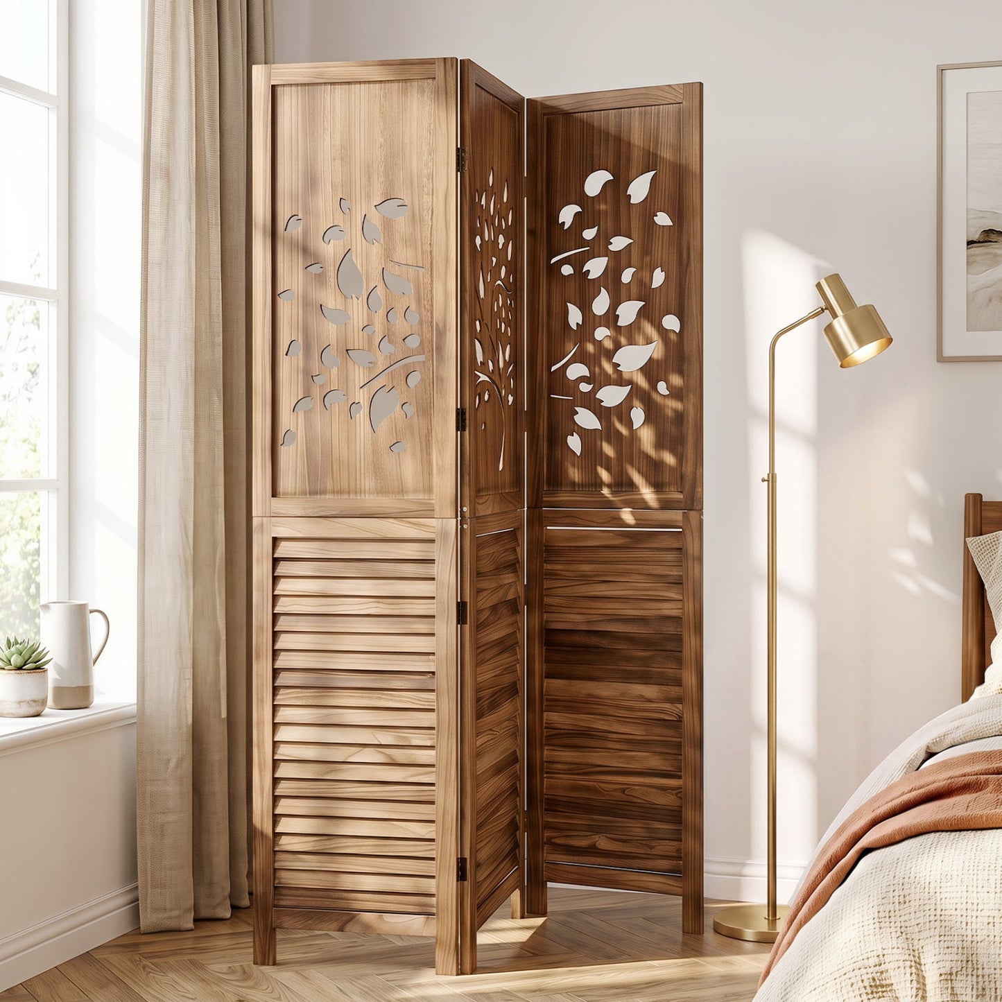 3-Panel Folding Room Divider with Tree Cutout Design, 67" Tall